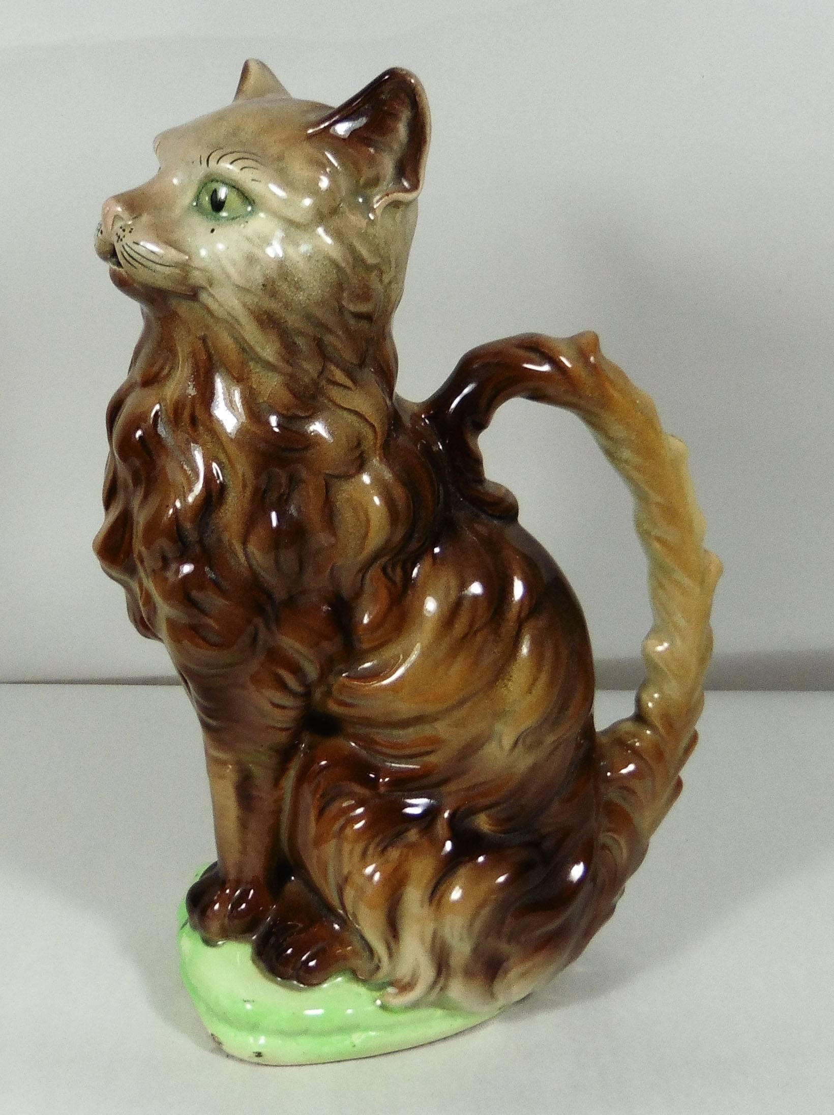 French Brown Majolica Cat Pitcher Keller Et Guerin Saint Clement, circa 1900