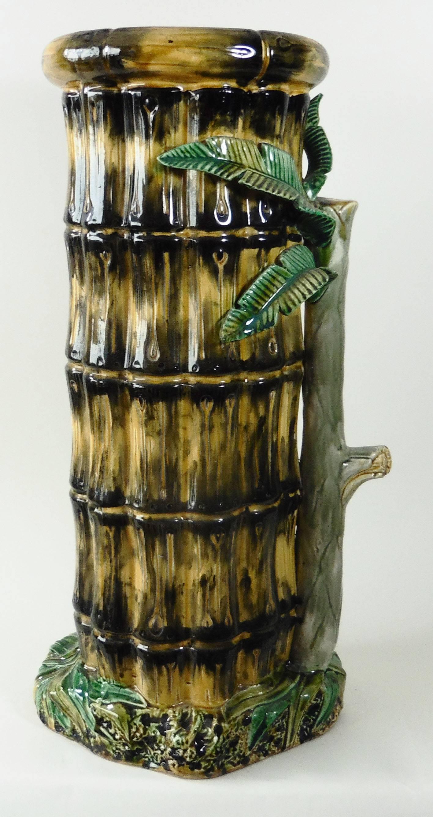 Victorian 19th Century Majolica Bamboo Umbrella Stand Onnaing For Sale