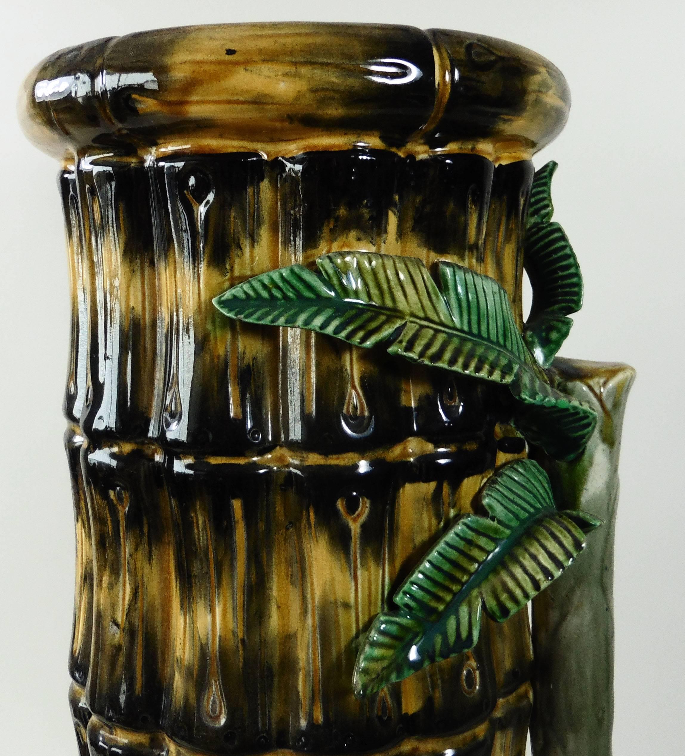 French 19th Century Majolica Bamboo Umbrella Stand Onnaing For Sale
