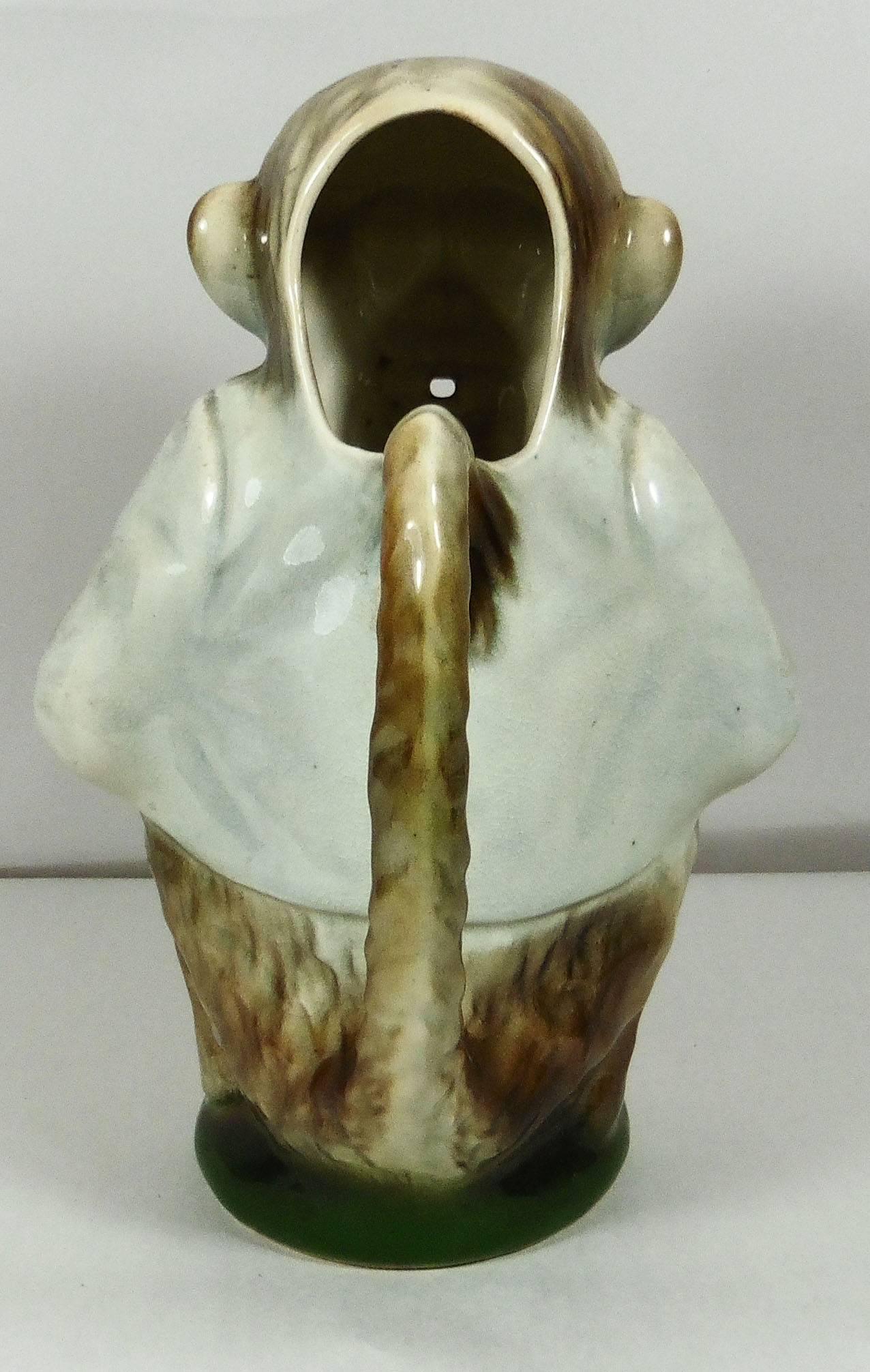 French Majolica Monkey Pitcher Keller and Guerin Saint Clement, circa 1900