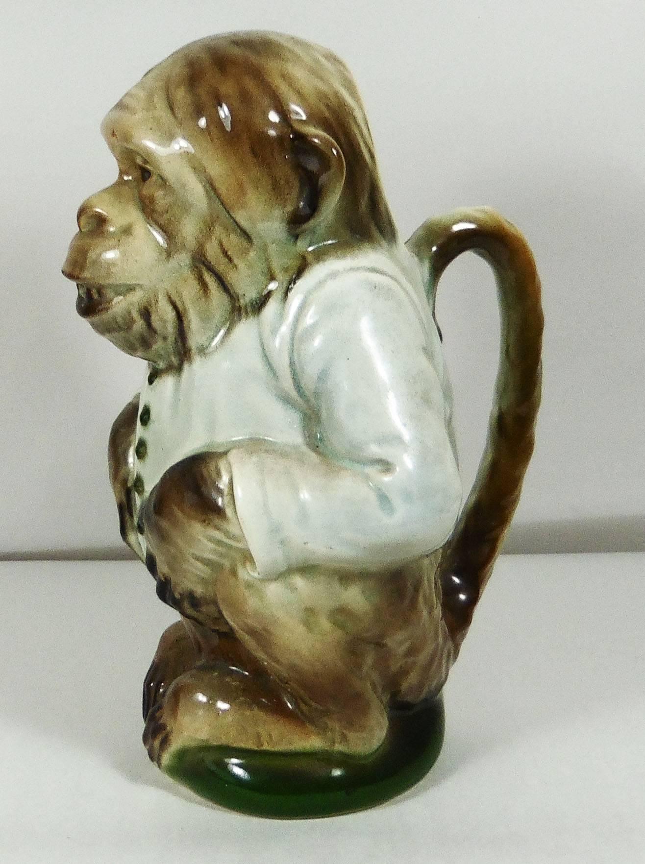 Majolica Monkey Pitcher Keller and Guerin Saint Clement, circa 1900 In Good Condition In Austin, TX