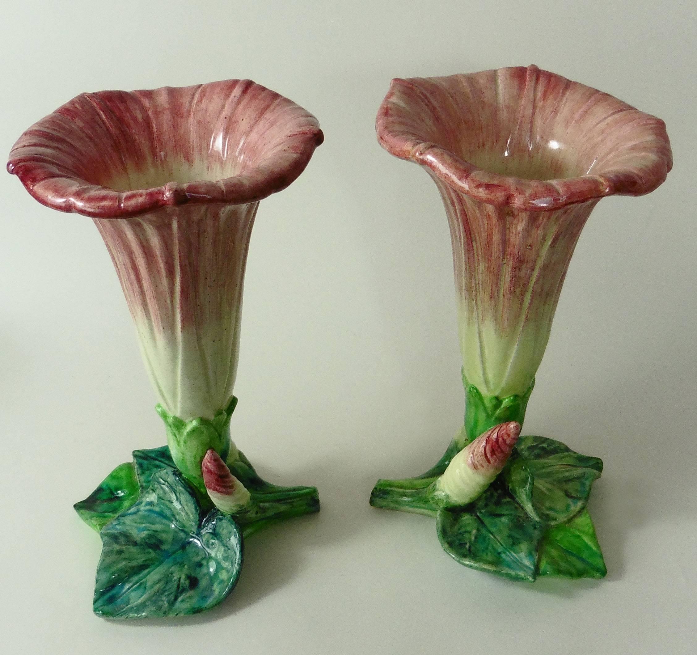Art Nouveau 19th Century Pair of Majolica Pink Morning Glory Vases Massier