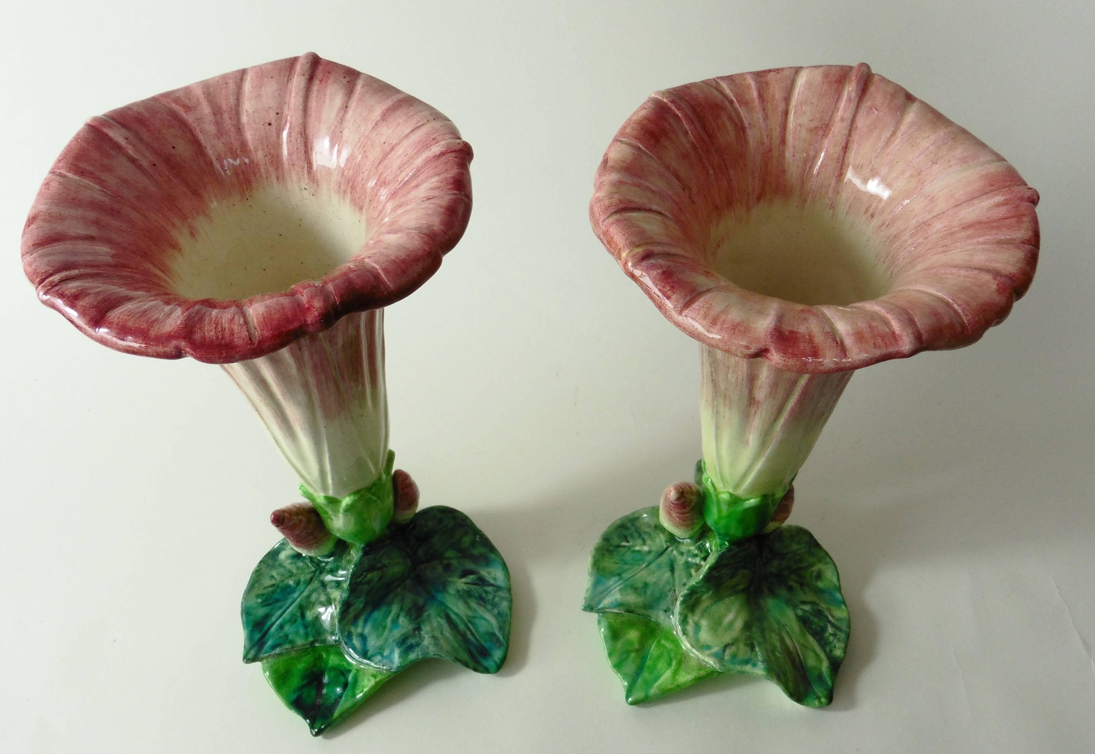 French 19th Century Pair of Majolica Pink Morning Glory Vases Massier
