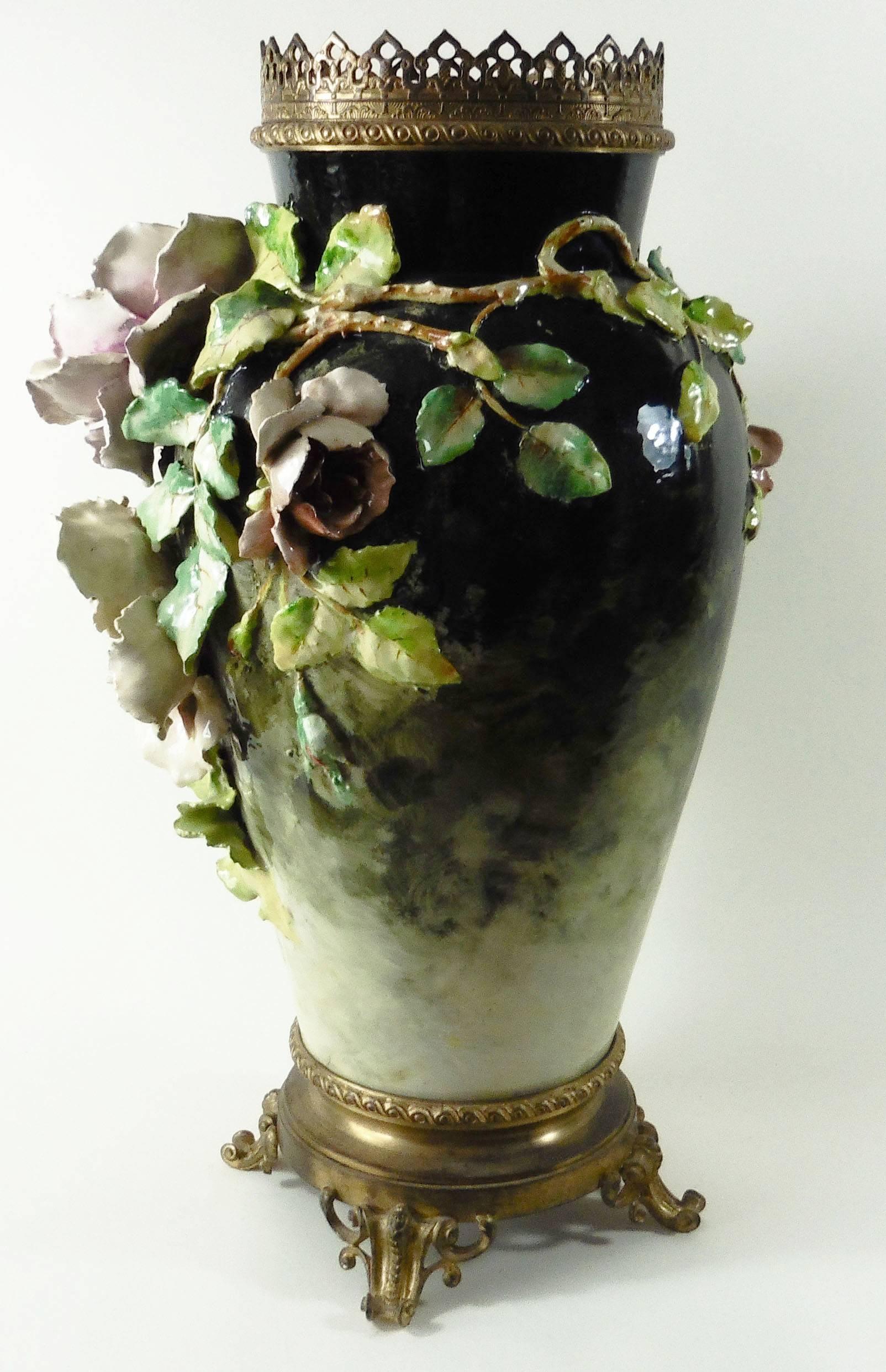 Romantic 19th Century Monumental Majolica Impressionist Flowers Vase Mounted Bronze