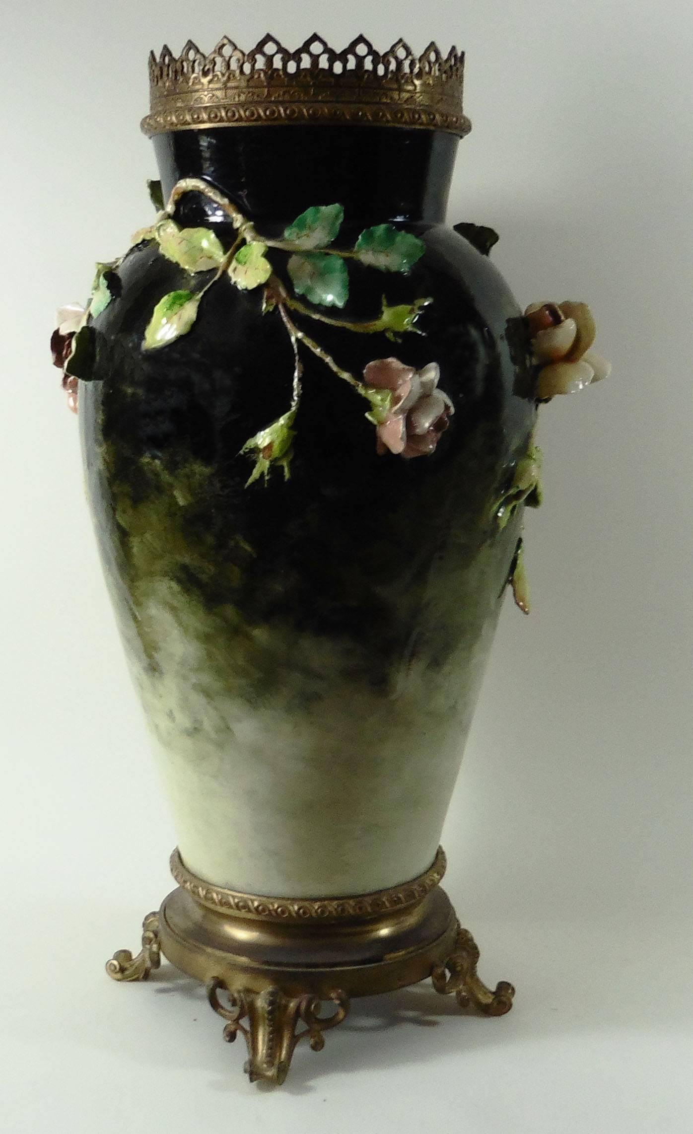 19th Century Monumental Majolica Impressionist Flowers Vase Mounted Bronze In Good Condition In Austin, TX