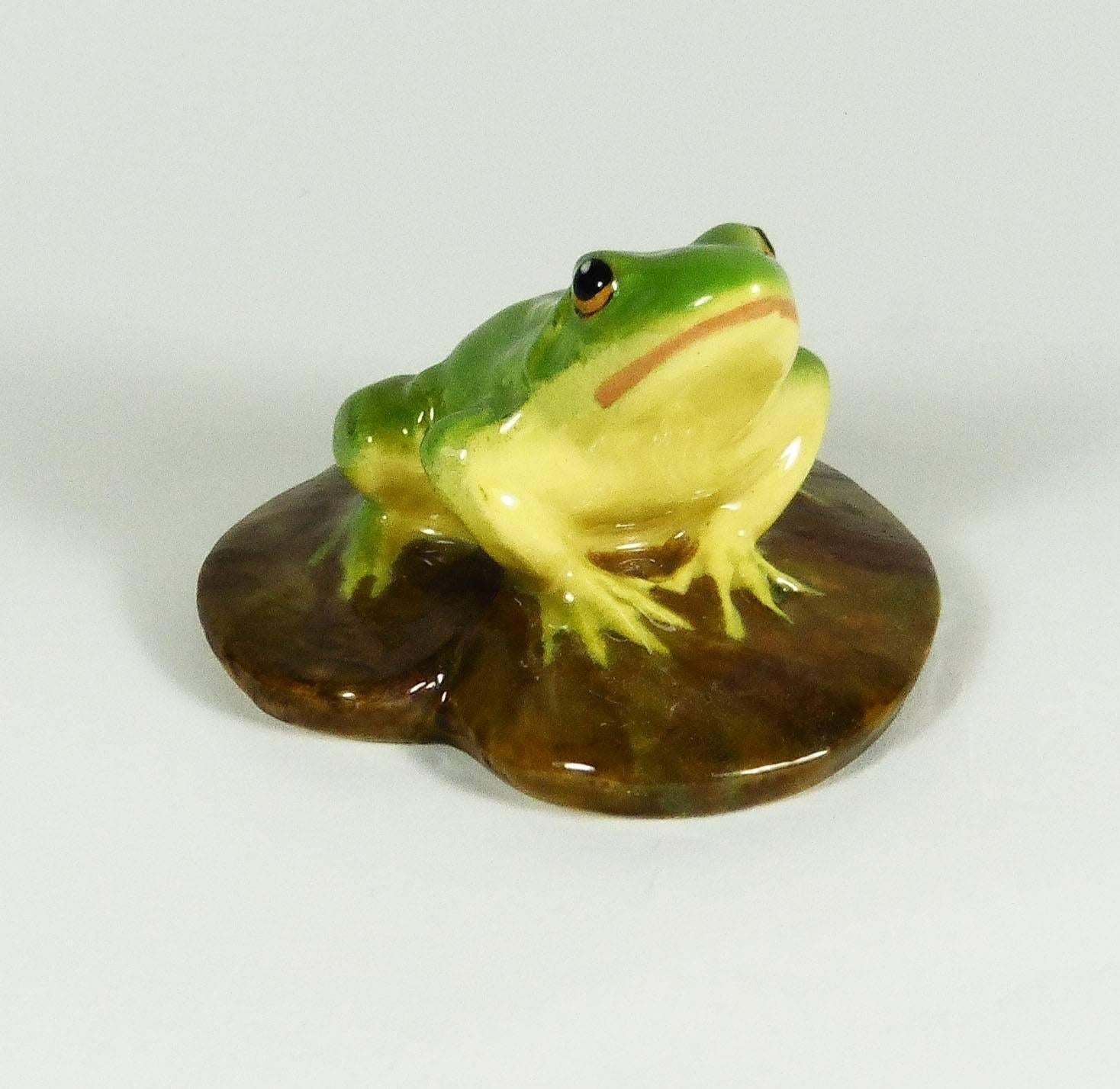 Lovely rare Majolica frog on a brown lily pad leaf signed Jerome Massier, circa 1900.
Reference / Page 118,119 