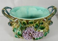 19th French Majolica Lilac Jardinière with Dolphins Handles