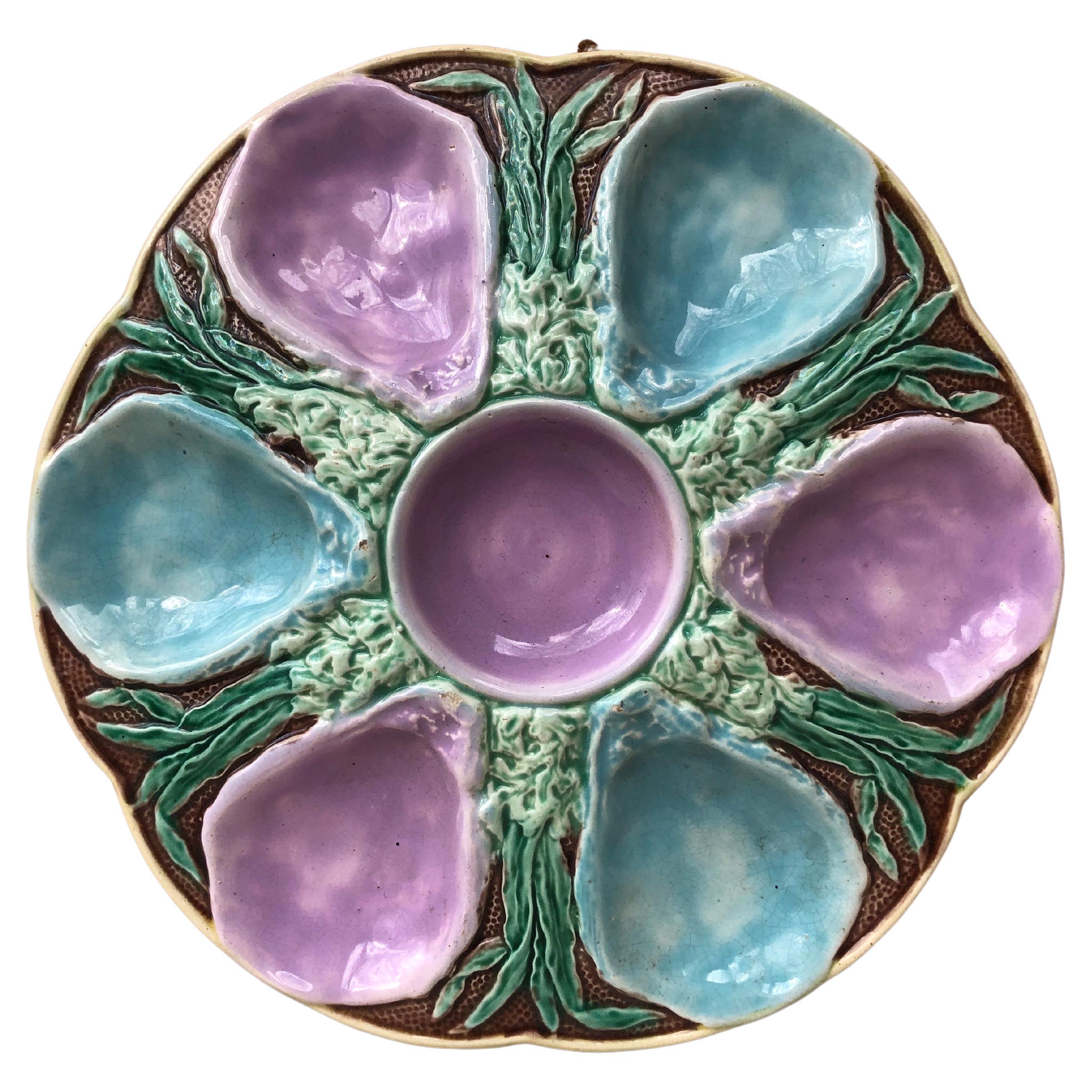 19th English Majolica Turquoise and Pink Oyster Plate