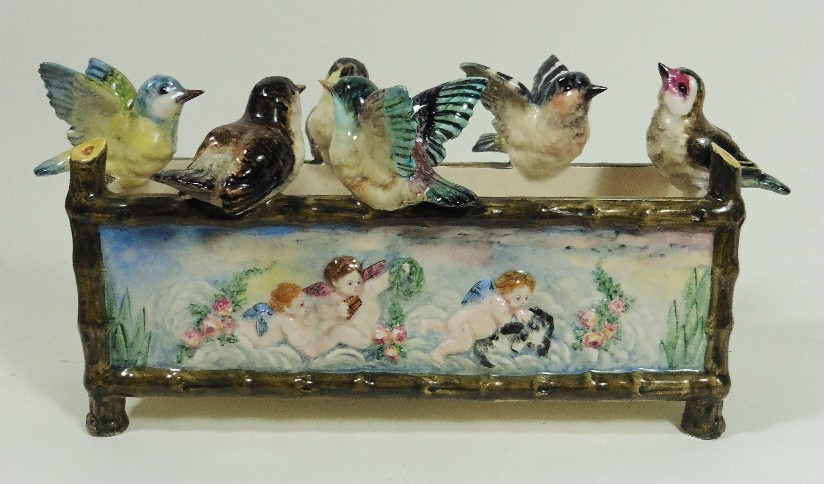 Baroque Revival 19th Century Majolica Birds Jardiniere with Musicians Puttis Delphin Massier