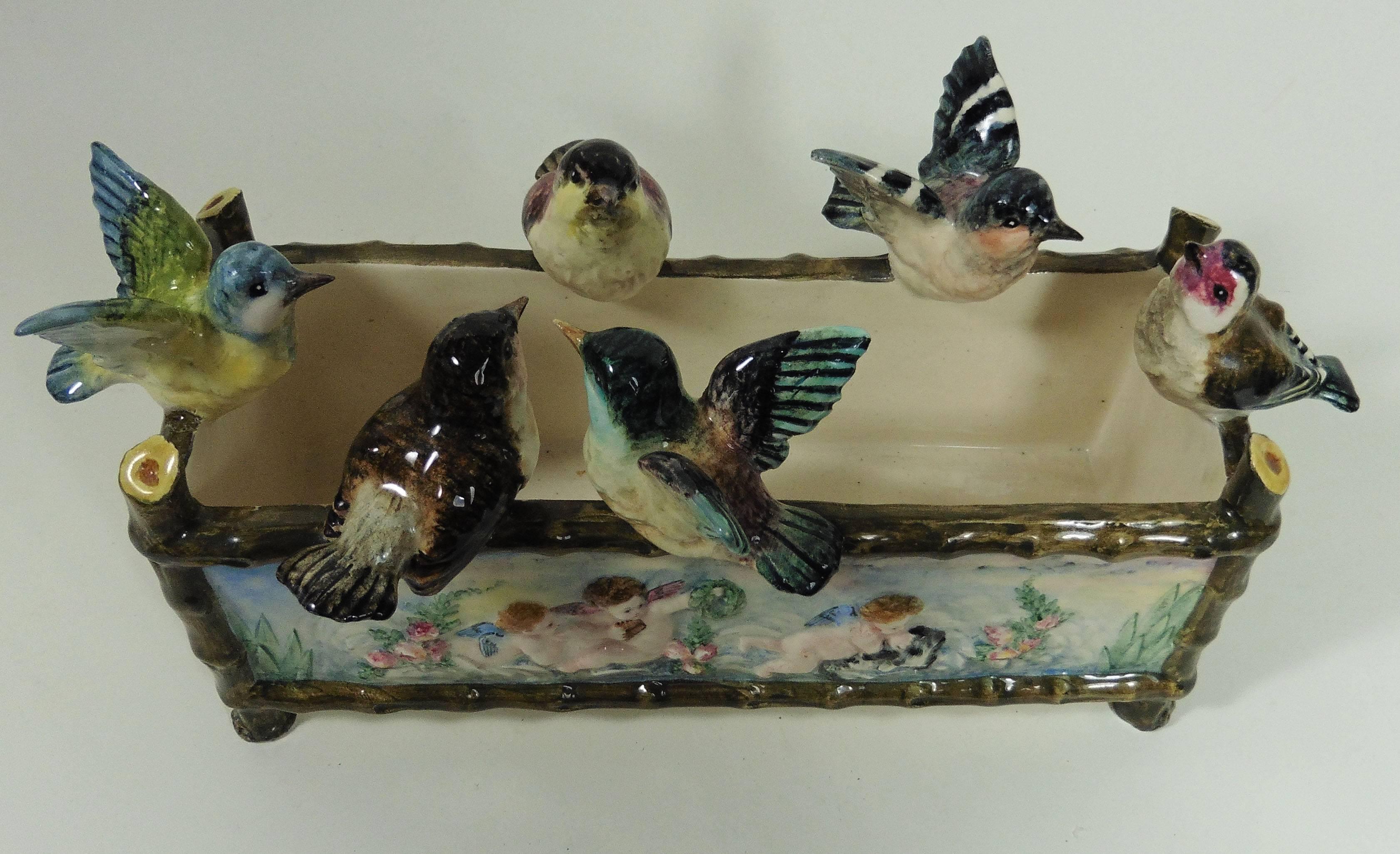 19th Century Majolica Birds Jardiniere with Musicians Puttis Delphin Massier In Good Condition In Austin, TX