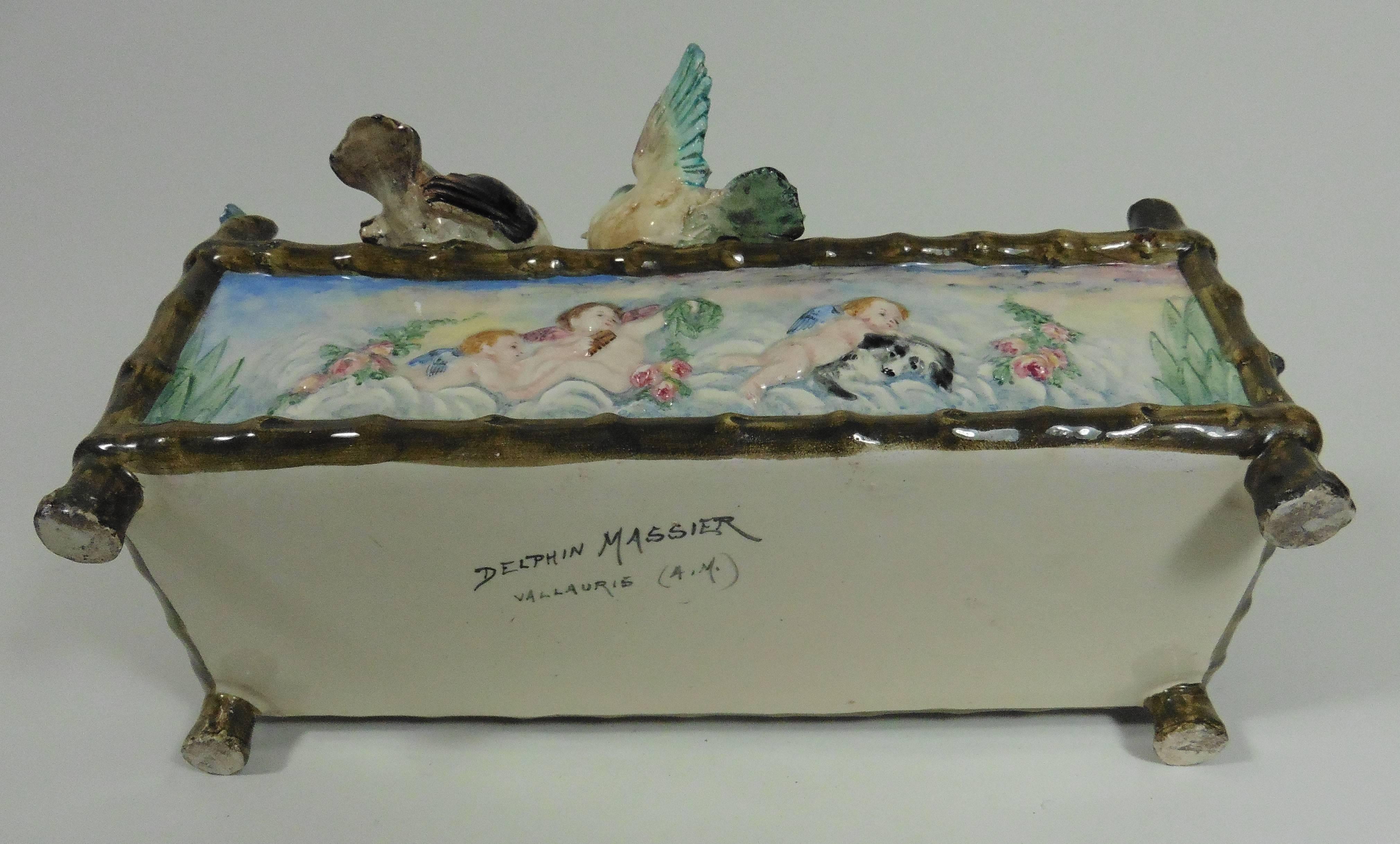 Late 19th Century 19th Century Majolica Birds Jardiniere with Musicians Puttis Delphin Massier