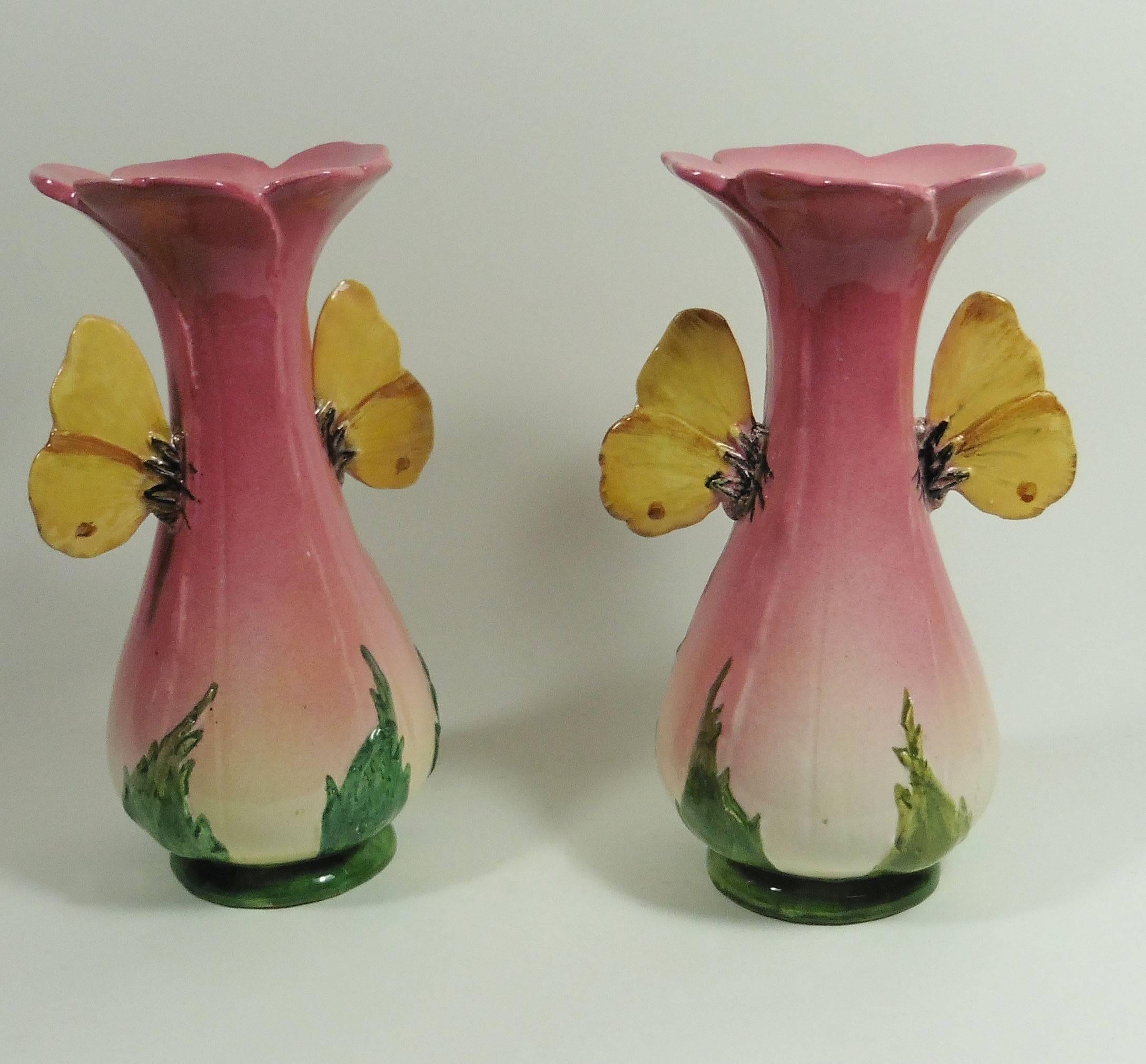 Art Nouveau Pair of Majolica Vases with Butterflies Delphin Massier, circa 1890