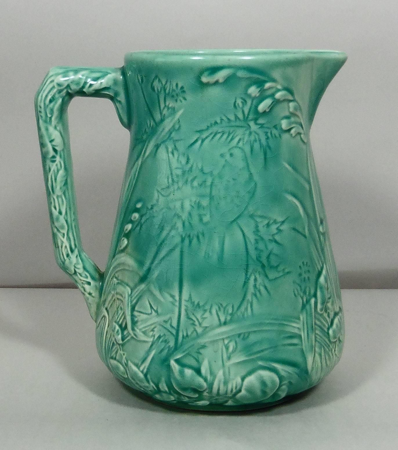 Aesthetic Movement 19th French Majolica Turquoise Bird Pitcher