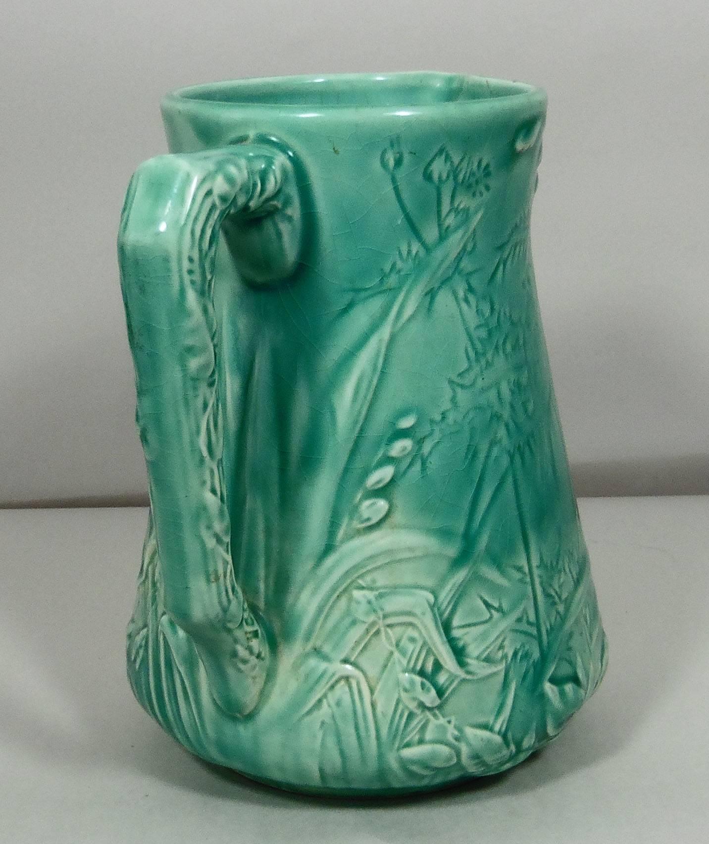 19th French Majolica Turquoise Bird Pitcher In Good Condition In Austin, TX