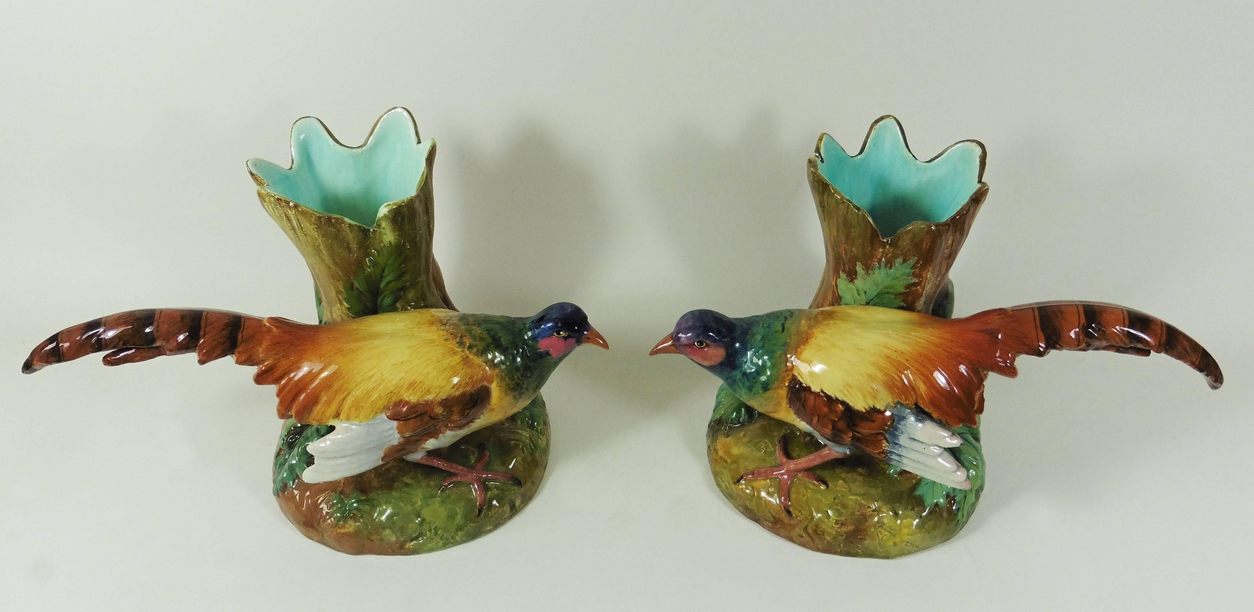 Rare pair of Majolica pheasants vases signed Jerome Massier Vallauris Alpes Maritimes circa 1890.
Very colorful, the vases are in the shape of tree trunk.
The Massier are known for the quality of their unique enamels and paintings. The Massier