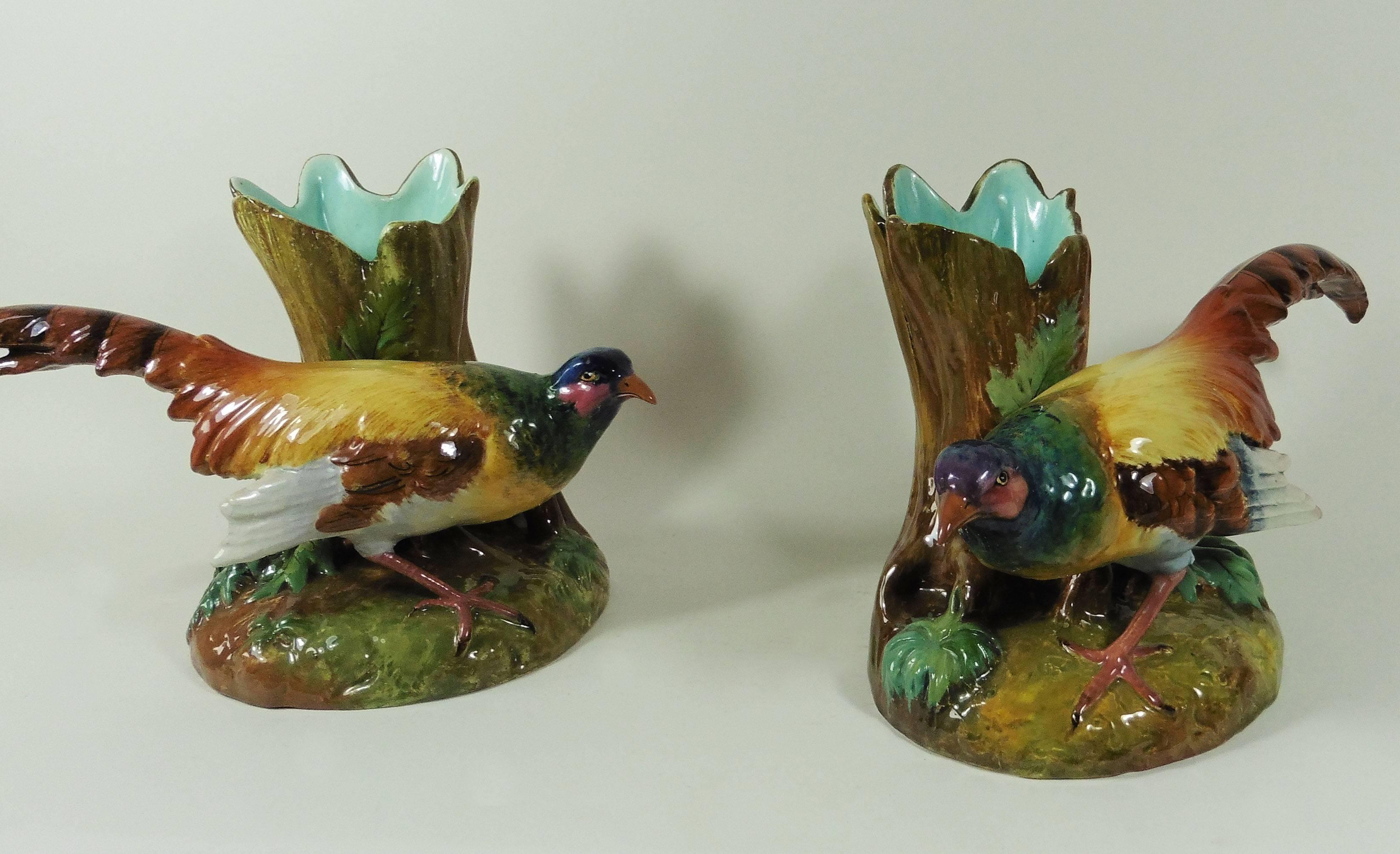 Country Pair of 19th Century Majolica Pheasants Vases, Jerome Massier