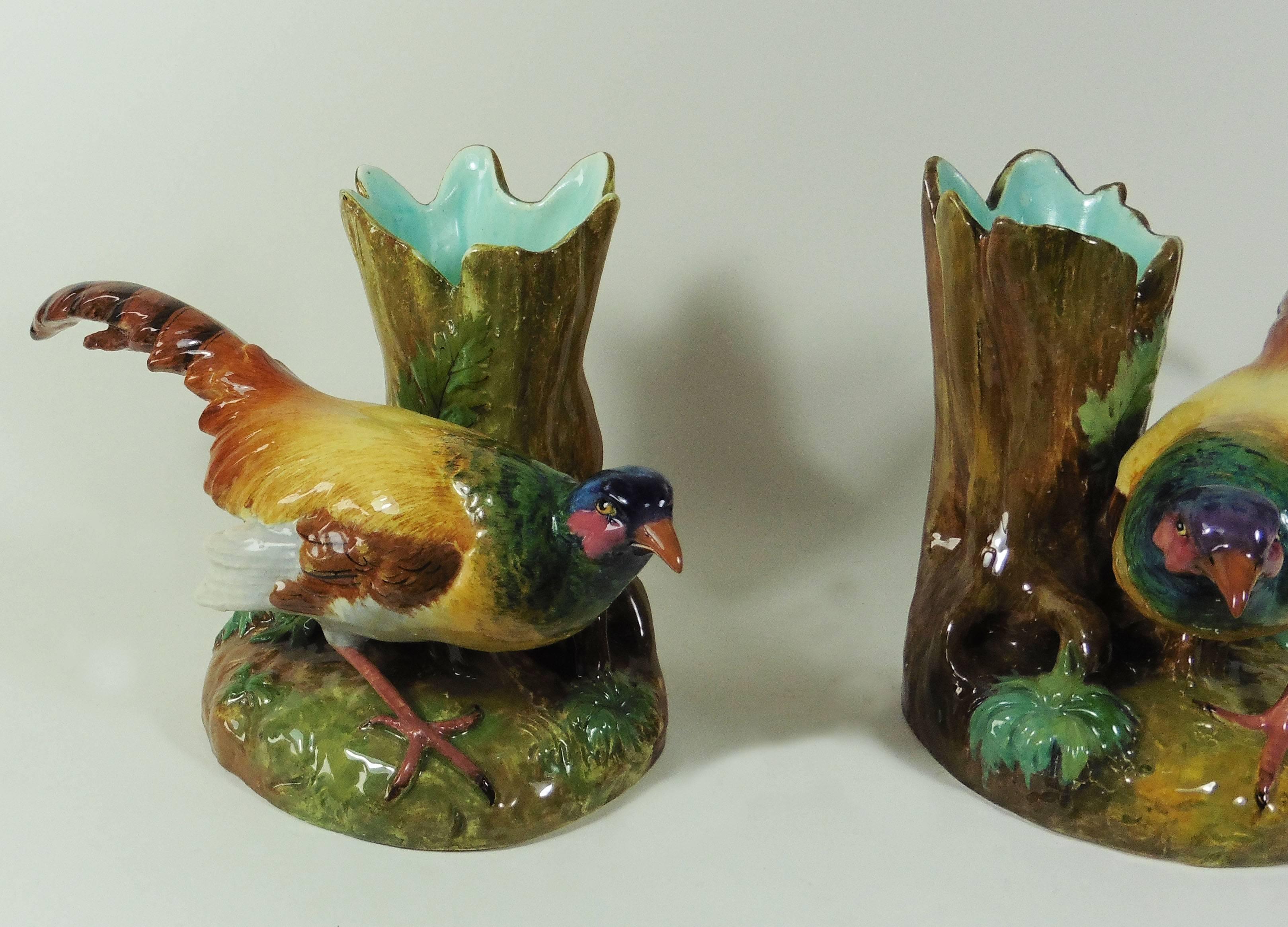 French Pair of 19th Century Majolica Pheasants Vases, Jerome Massier