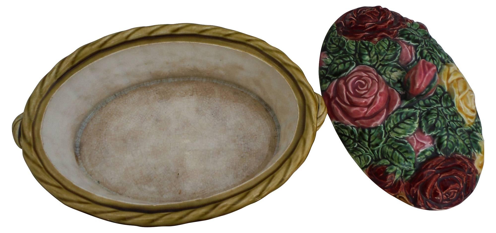 French Provincial French Majolica Roses Basket Sarreguemines