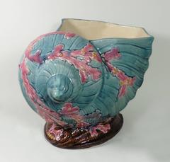 19th Monumental Majolica Blue and Pink Conch Shell Jardiniere