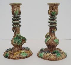 Pair of 19th Century Majolica Palissy Snake & Lizard Candelsticks Thomas Sergent