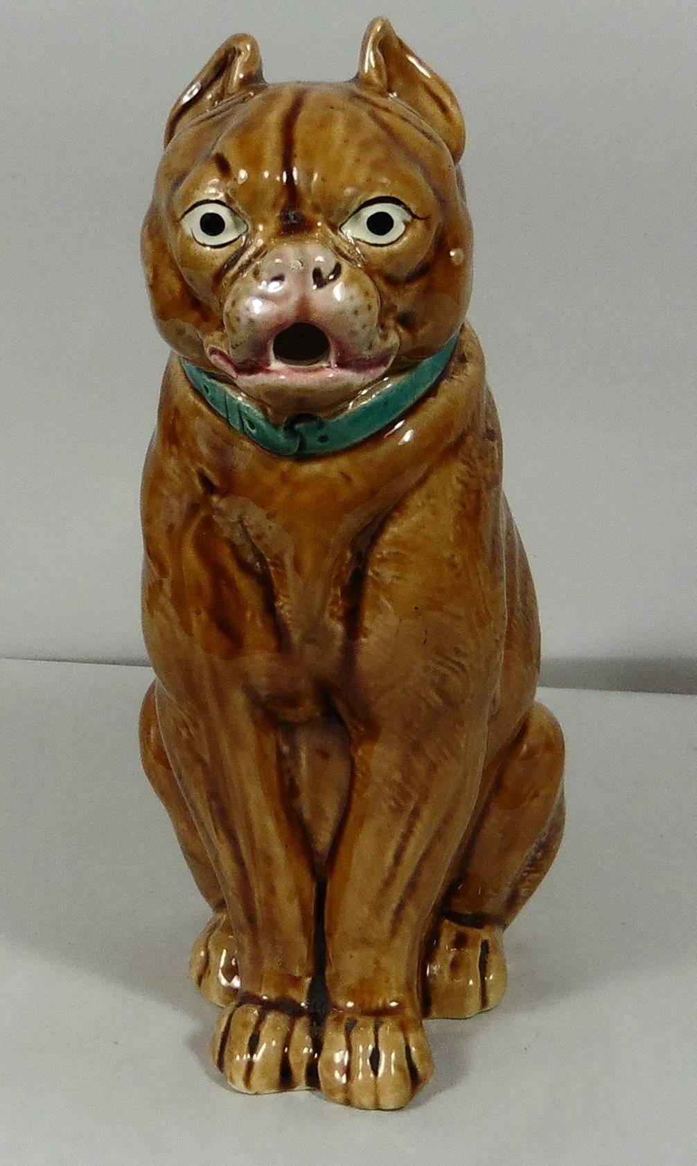 A fine Majolica bulldog pitcher signed George Dreyfus, circa 1890.
The Majolica of Georges Dreyfus are usually colorful in a fine quality of glaze and paintings. It's also a small production which made the pieces rare.