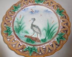 19th Century Majolica Heron Reticulated Plate Wedgwood