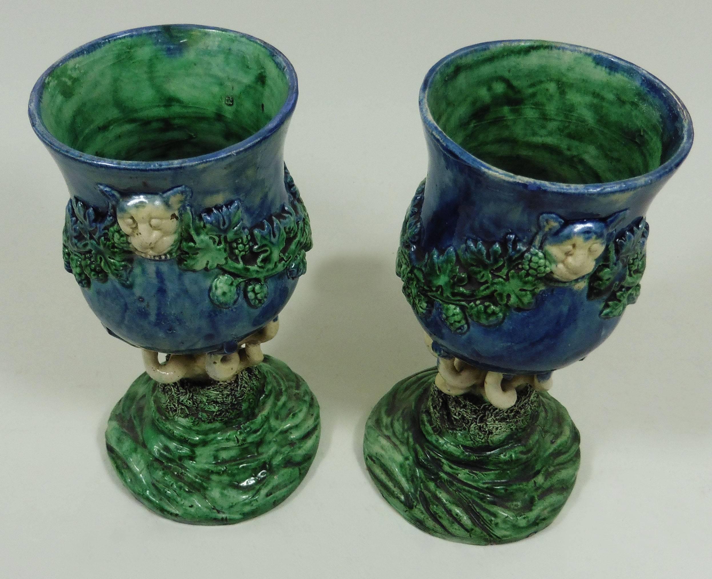 Renaissance Revival Pair of Majolica Palissy Chalices Vases with Grapes Circa 1880 For Sale