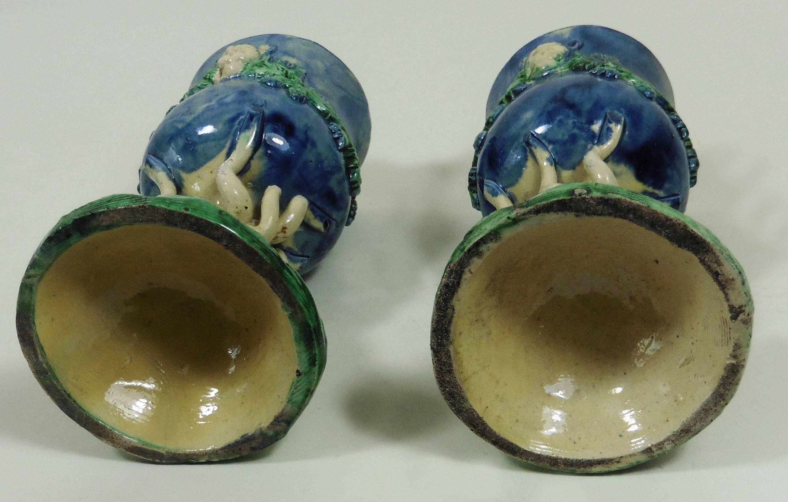 French Pair of Majolica Palissy Chalices Vases with Grapes Circa 1880 For Sale