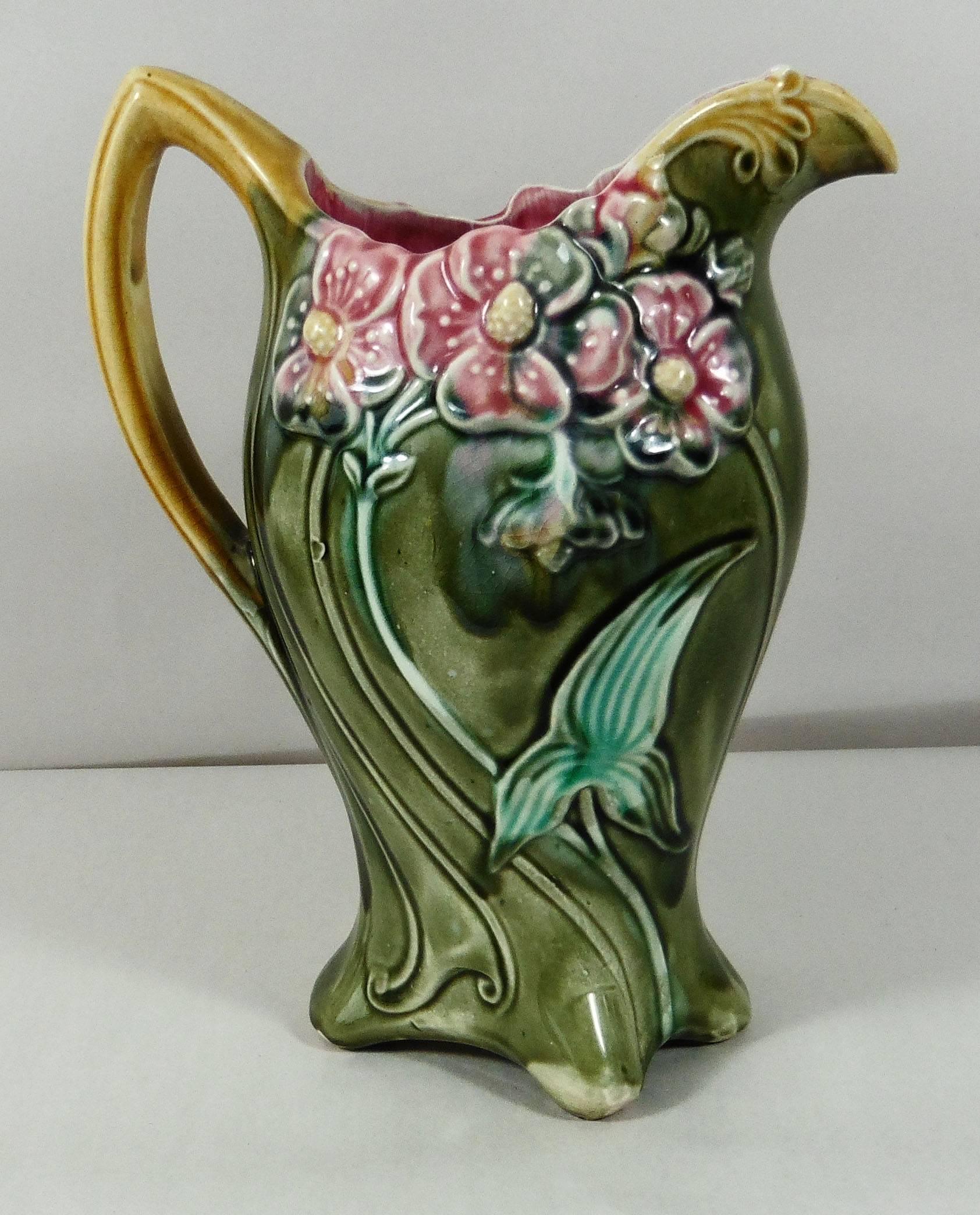 Art Nouveau Majolica Pink Flowers Pitcher Onnaing, circa 1900 For Sale