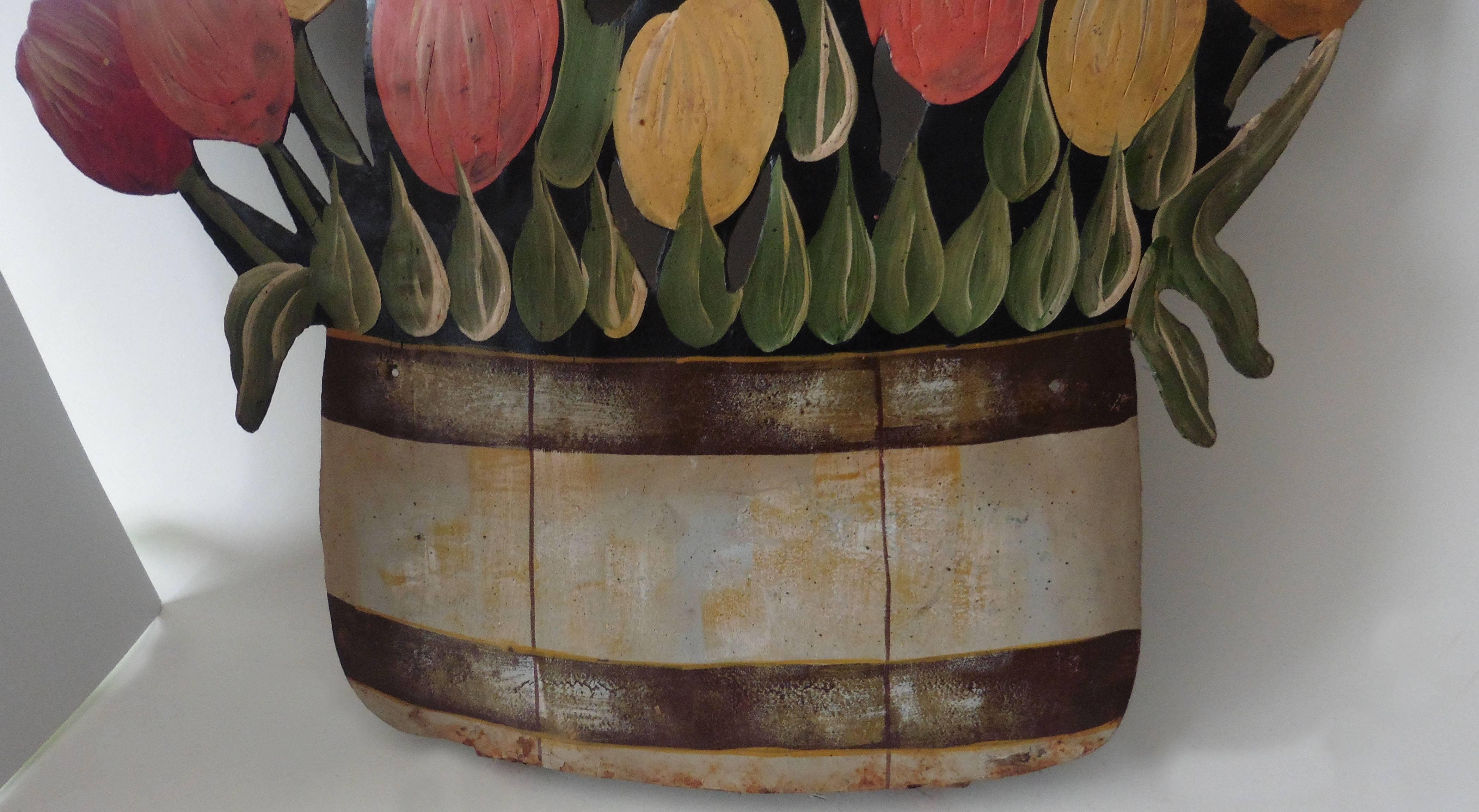 Interesting French tole decoration bunch of tulips in a barrel, maybe a dummy board.