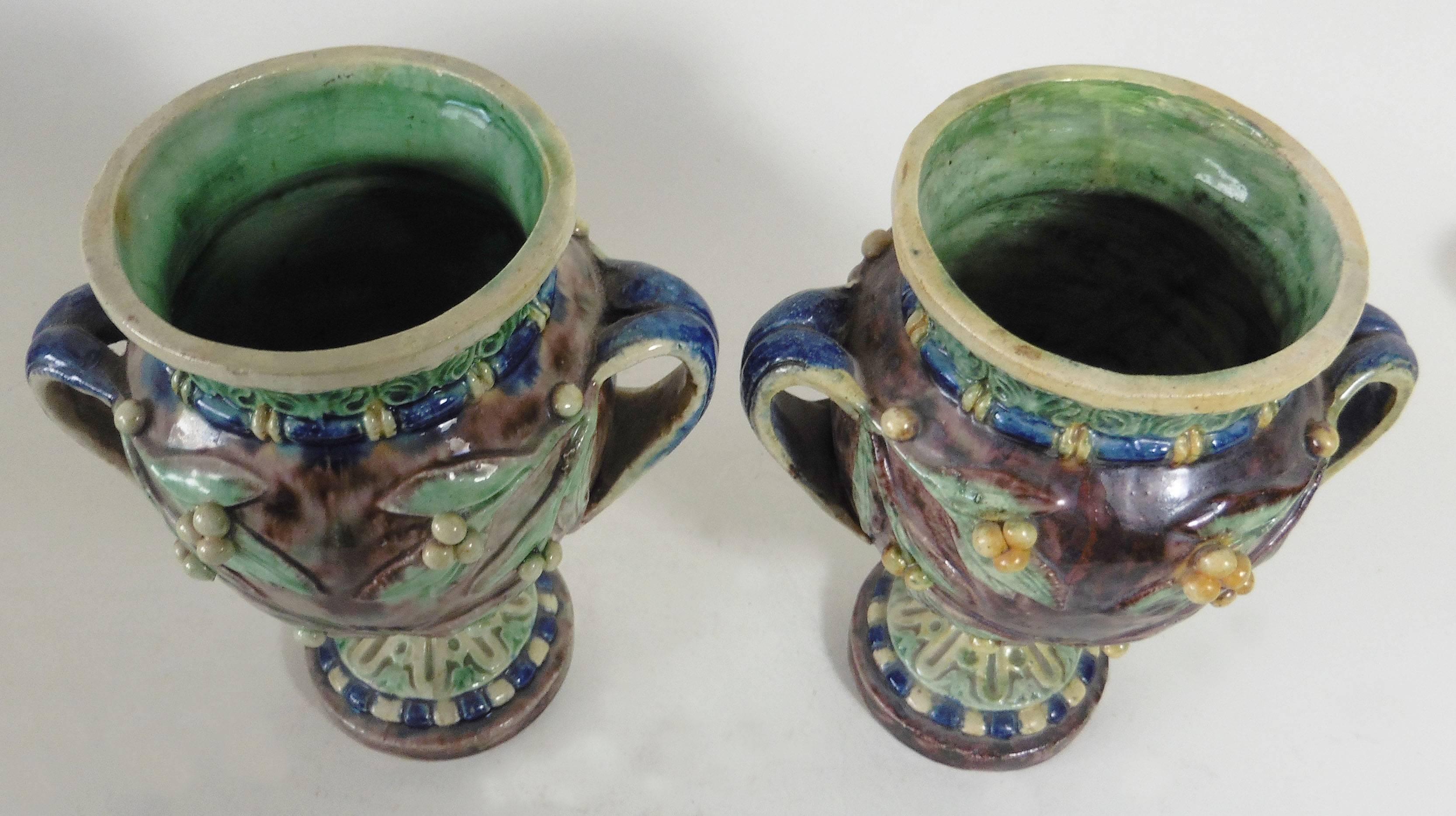 Victorian Pair of Majolica Palissy Vases with Mistletoe, circa 1880 For Sale