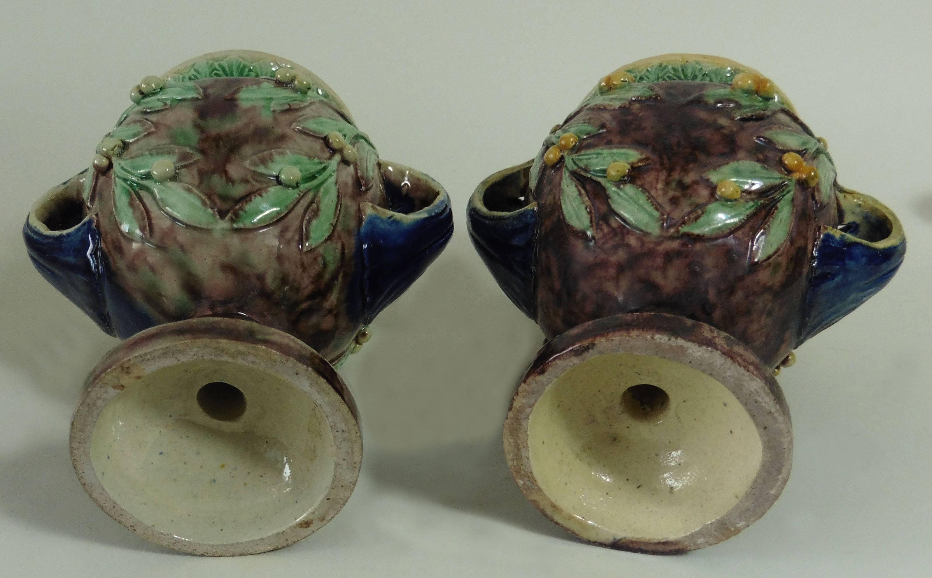 French Pair of Majolica Palissy Vases with Mistletoe, circa 1880 For Sale