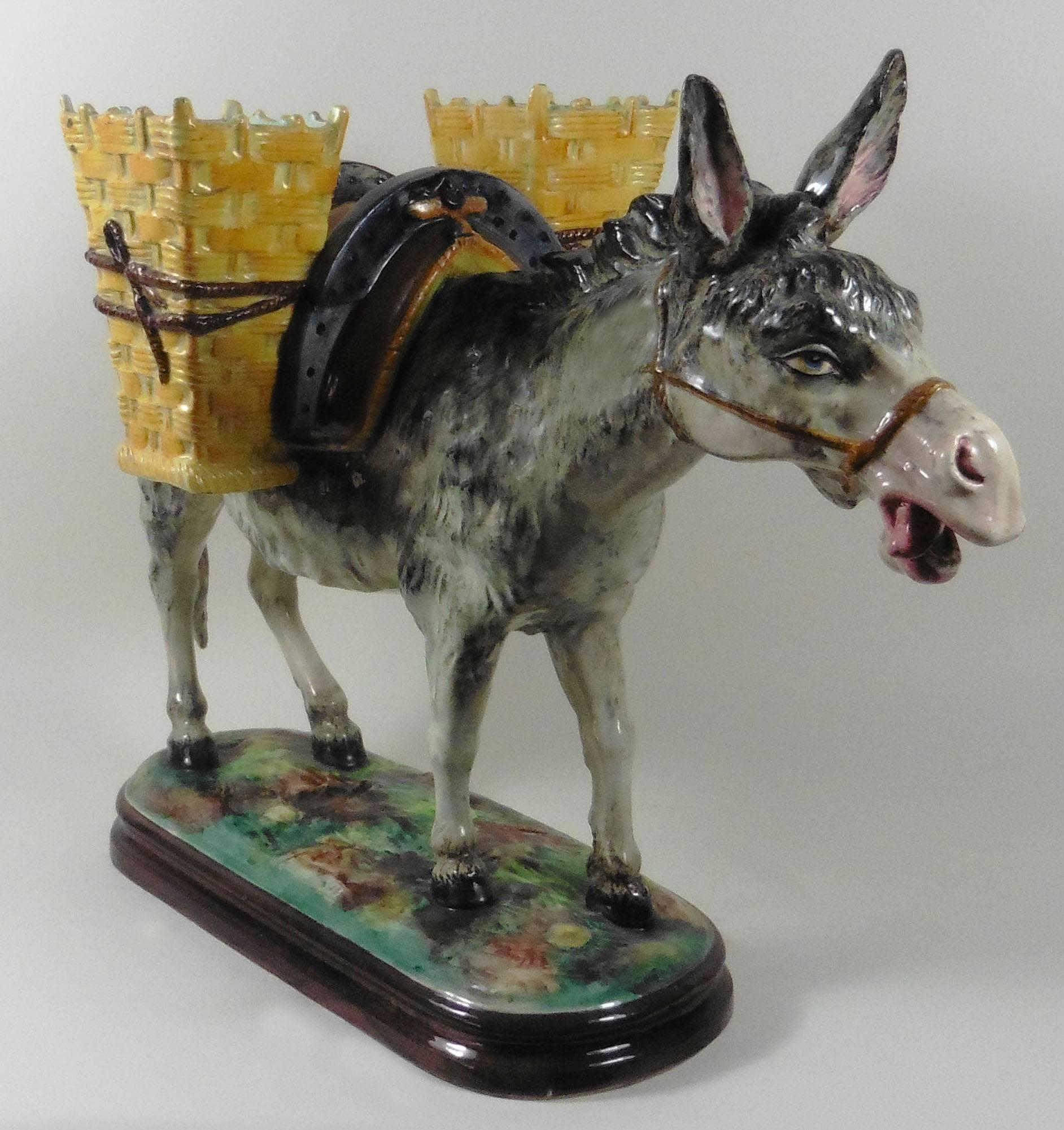 Country Majolica Donkey with Baskets Jerome Massier Fils, circa 1900