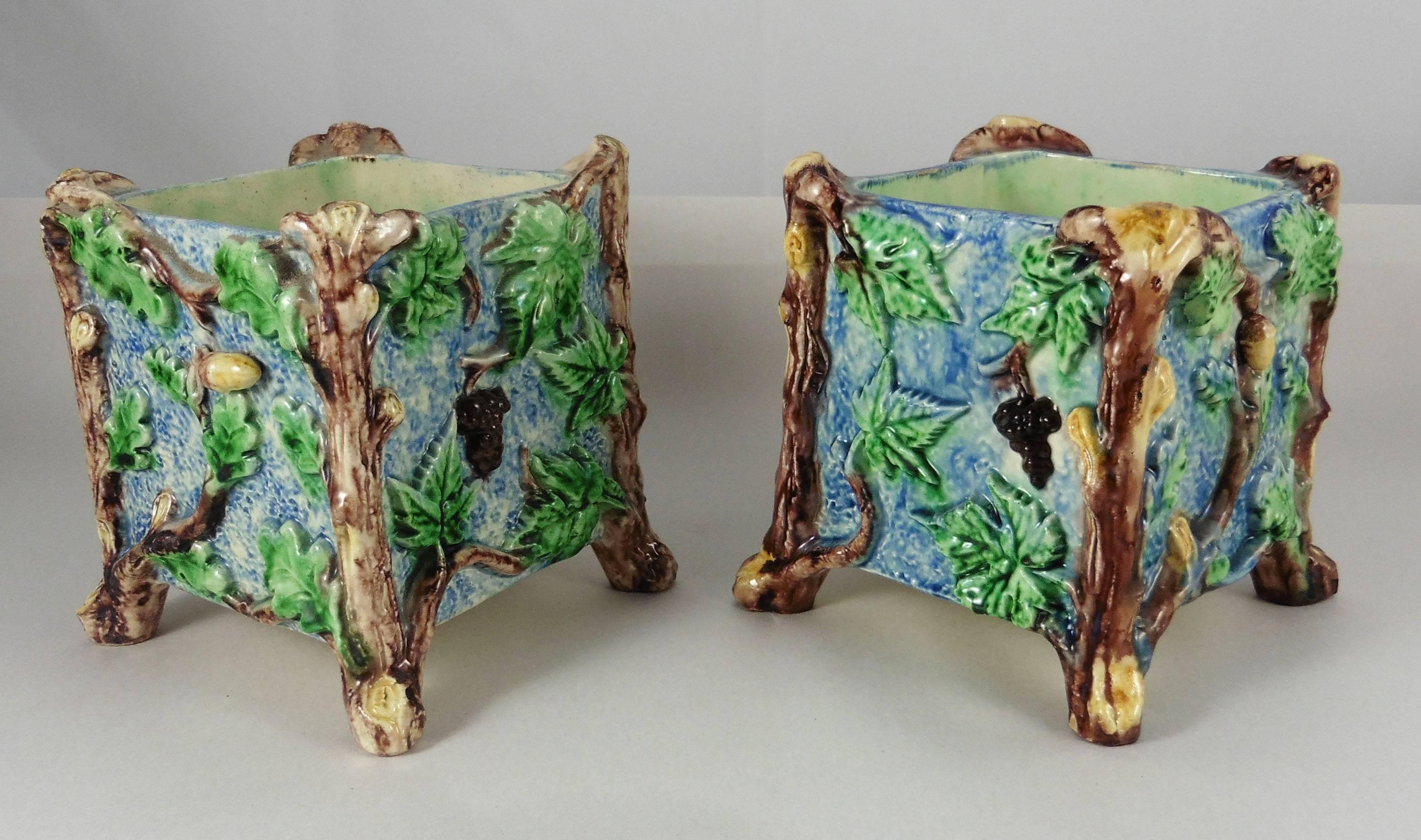 19th pair of Palissy squares jardinieres, two sides with oak leaves and acorns, two sides with grapes signed Thomas Sergent.
Thomas Victor Sergent was an active member of the School of Paris with others ceramists he made platters and other several