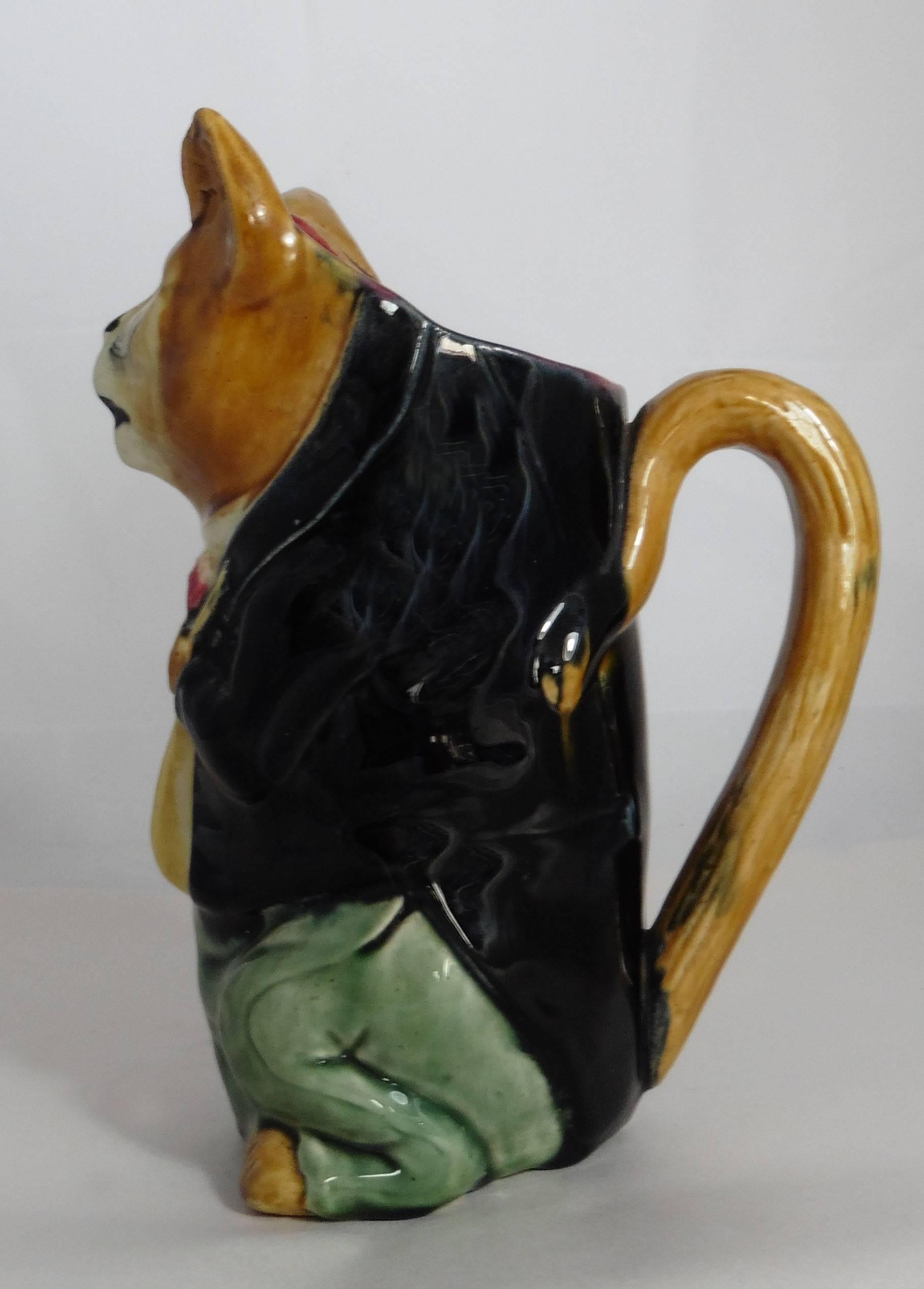 French Provincial Majolica Cat with Mandolin Pitcher Orchies, circa 1900
