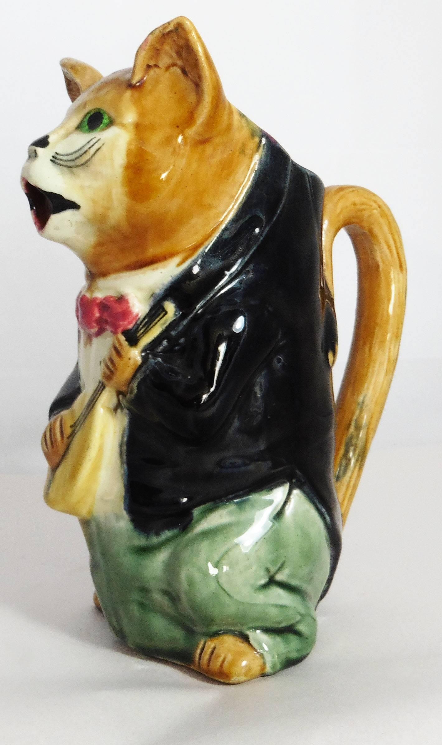 French Majolica Cat with Mandolin Pitcher Orchies, circa 1900