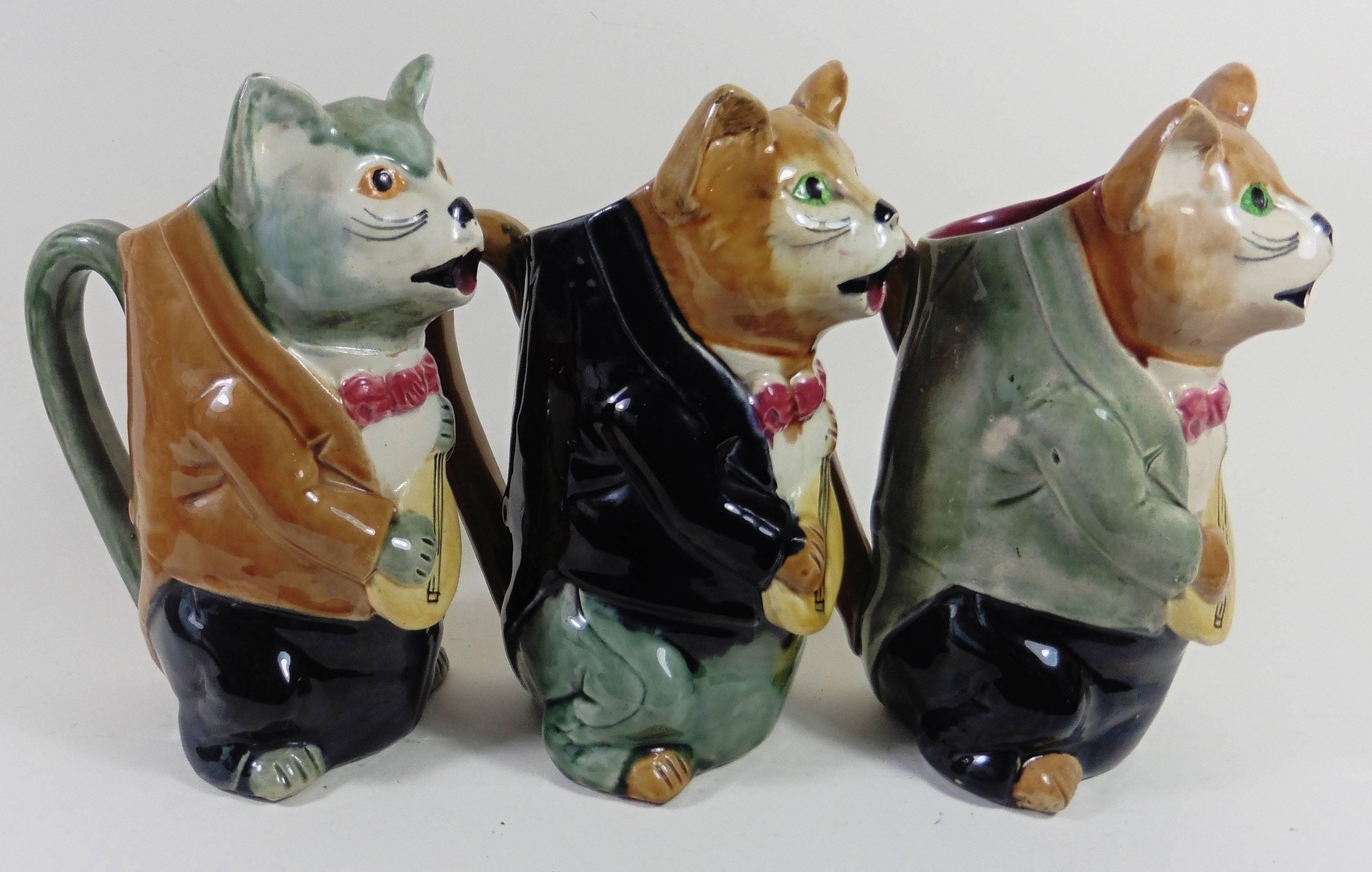 Majolica Cat with Mandolin Pitcher Orchies, circa 1900 1