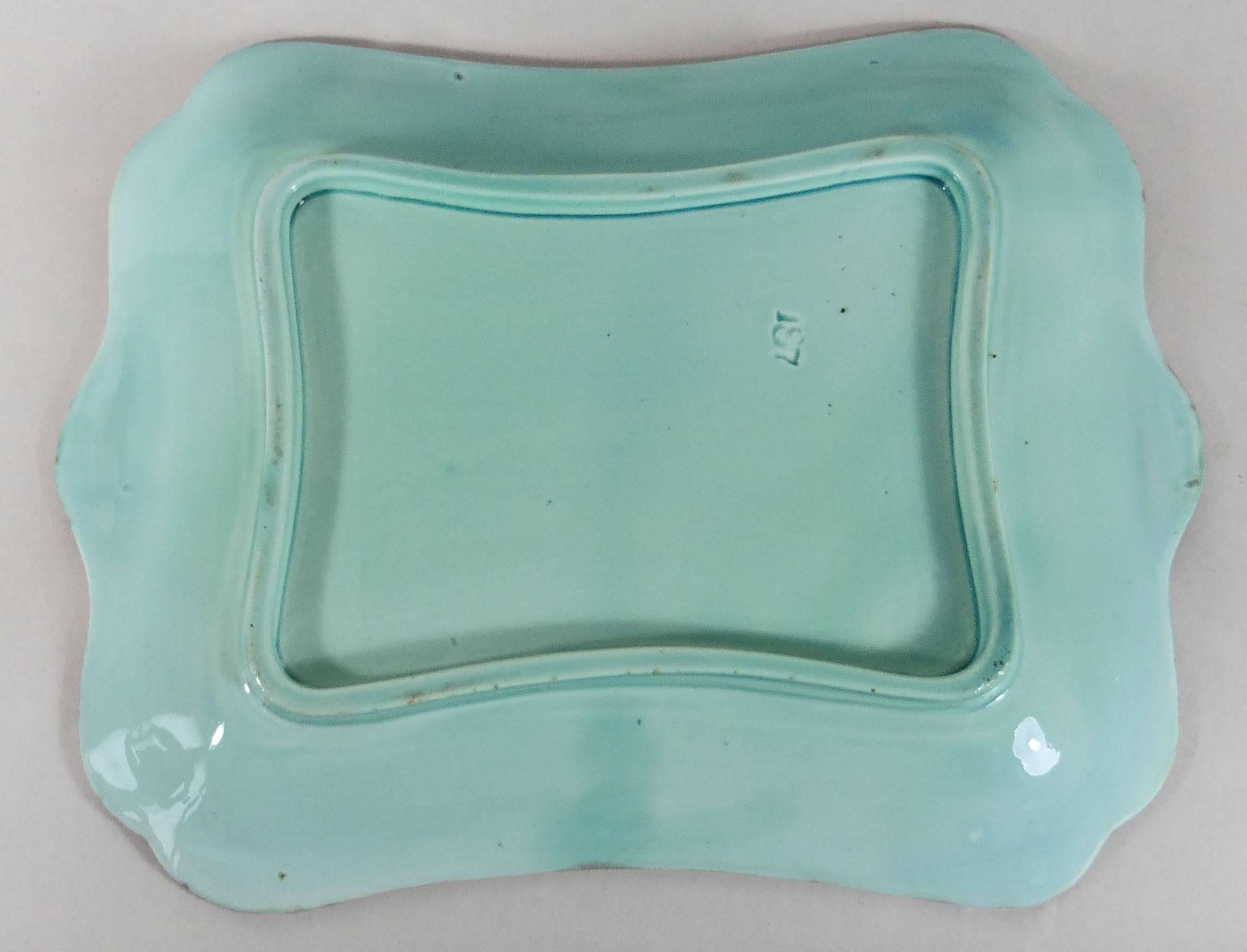 Colorful German turquoise platter decorated with chestnut leaves, circa 1900 attributed to Villeroy & Boch.