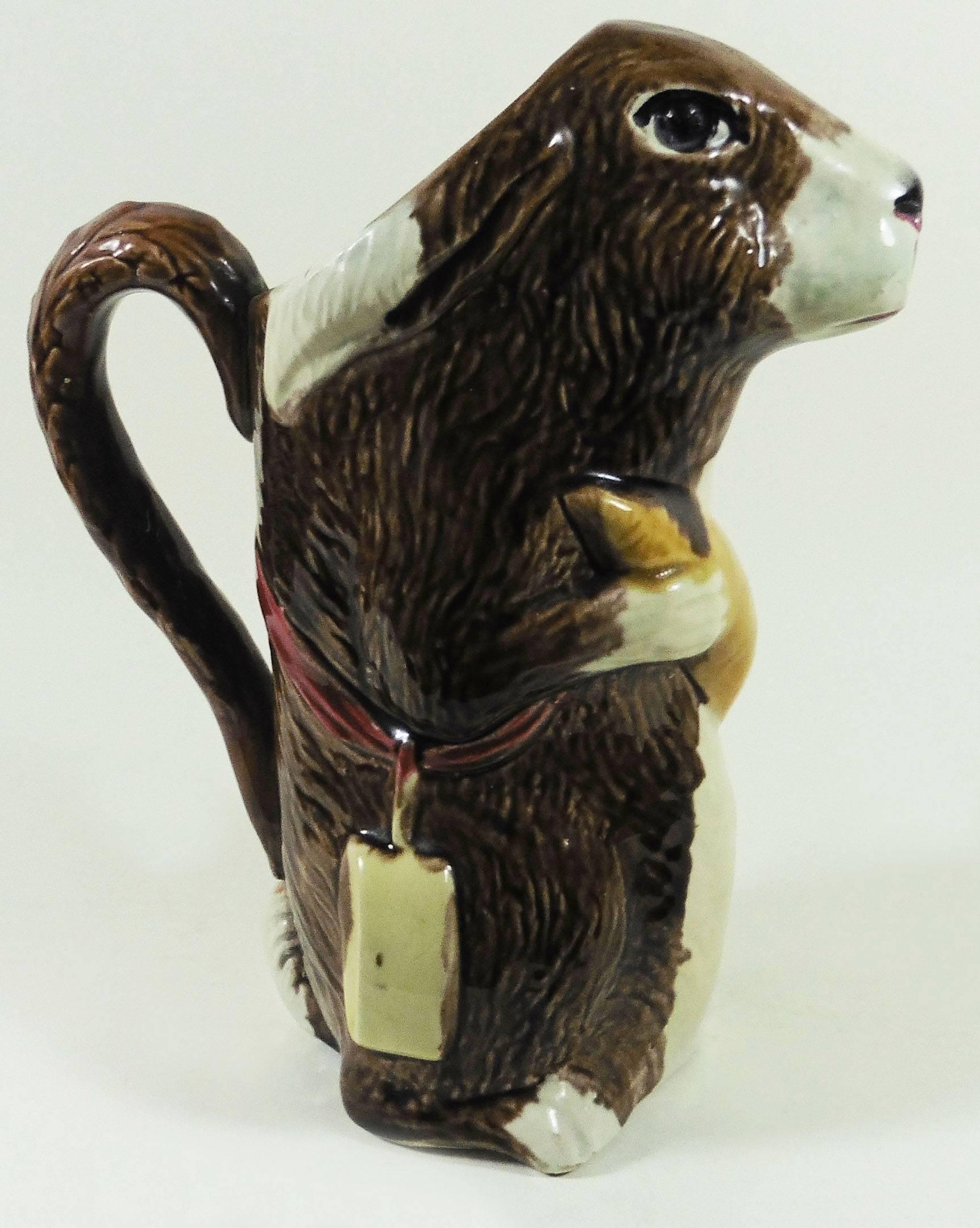 French Provincial Majolica Rabbit with Carrot Pitcher Orchies, circa 1890