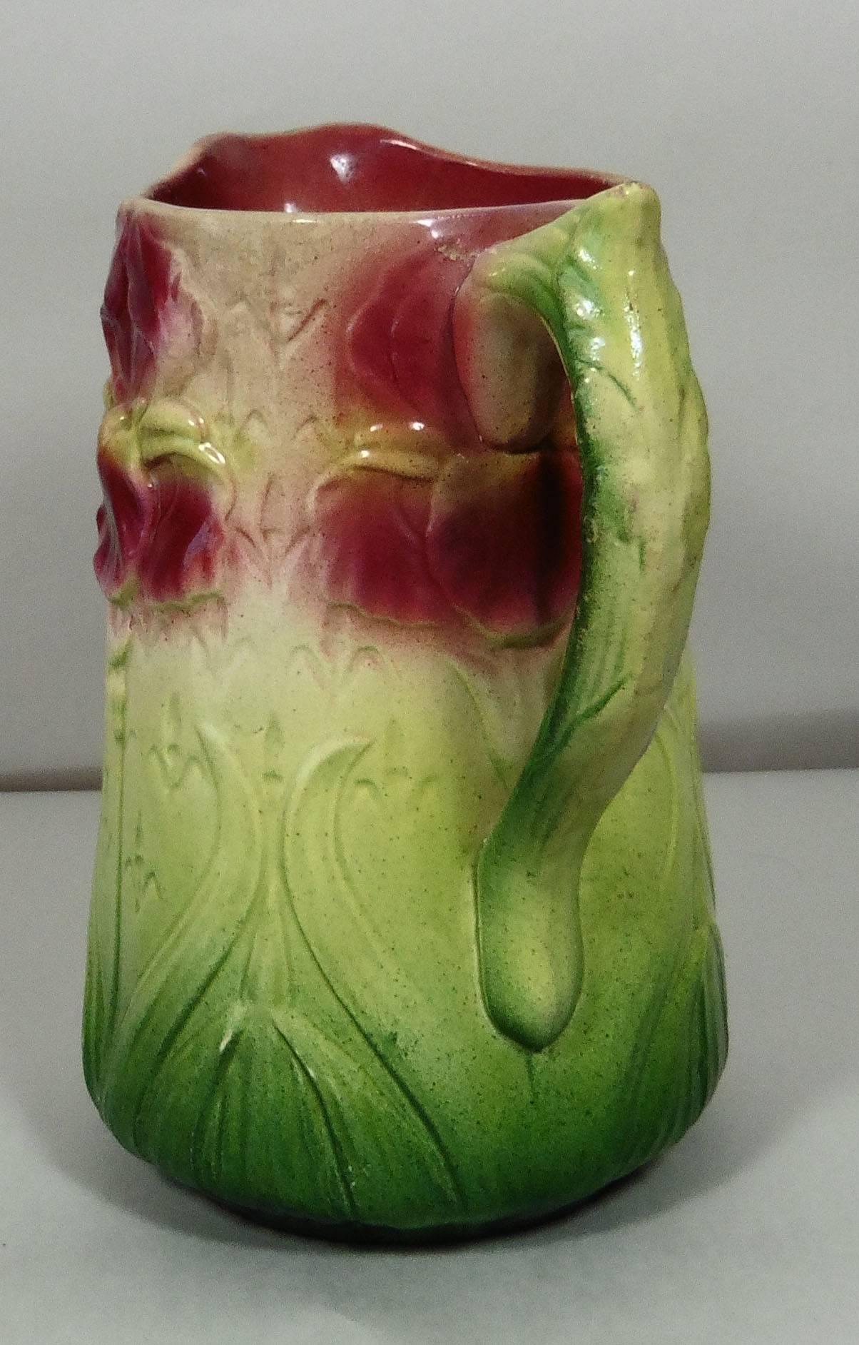 French Majolica Iris Pitcher, Onnaing, circa 1900 For Sale
