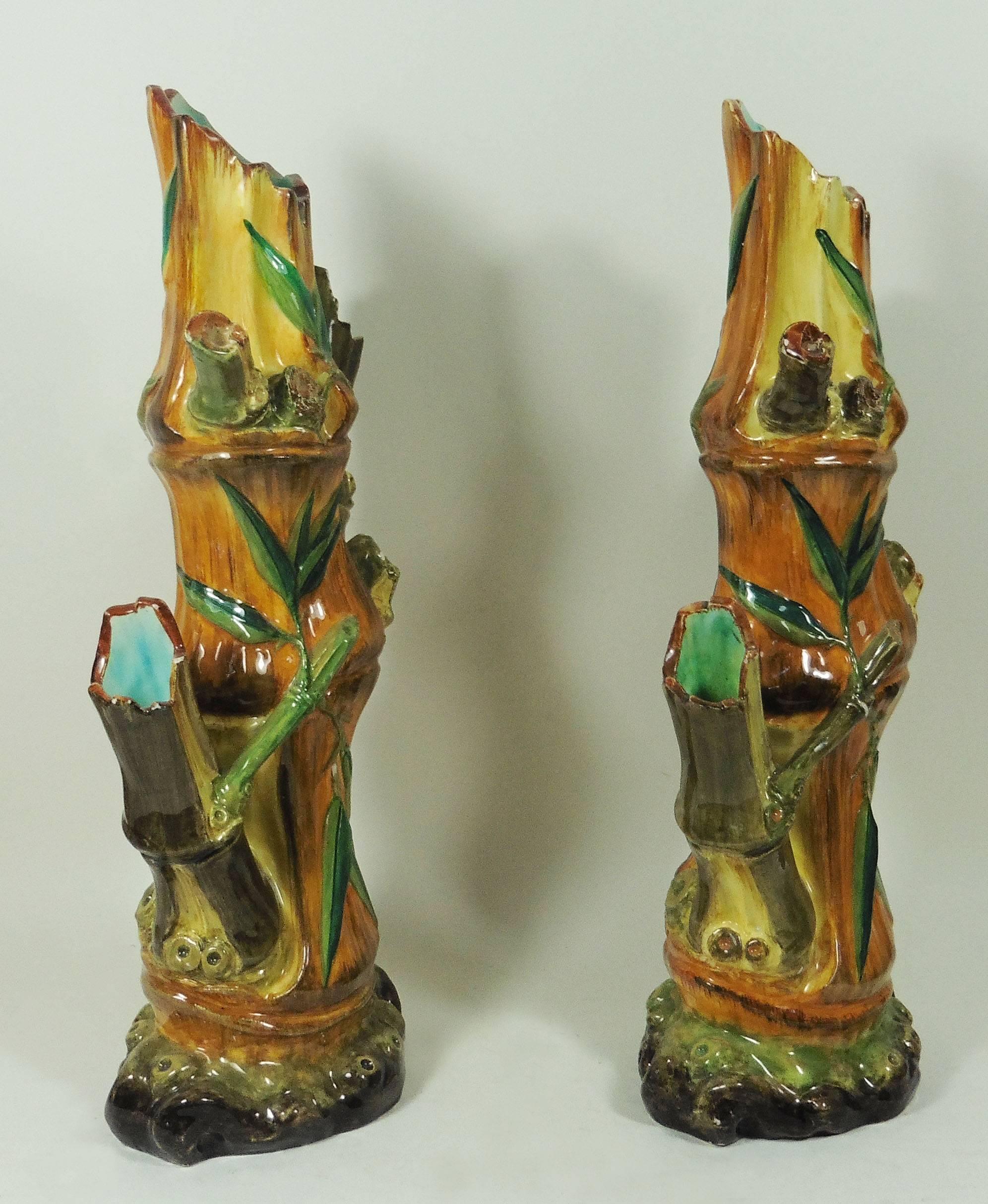 Pair of tall majolica bamboo triples vases Delphin Massier.
The vases are unsigned as severals early work of the artist.
17