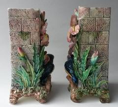 Pair of Majolica Kingfisher and Lilies Vases Fives Lille, circa 1880