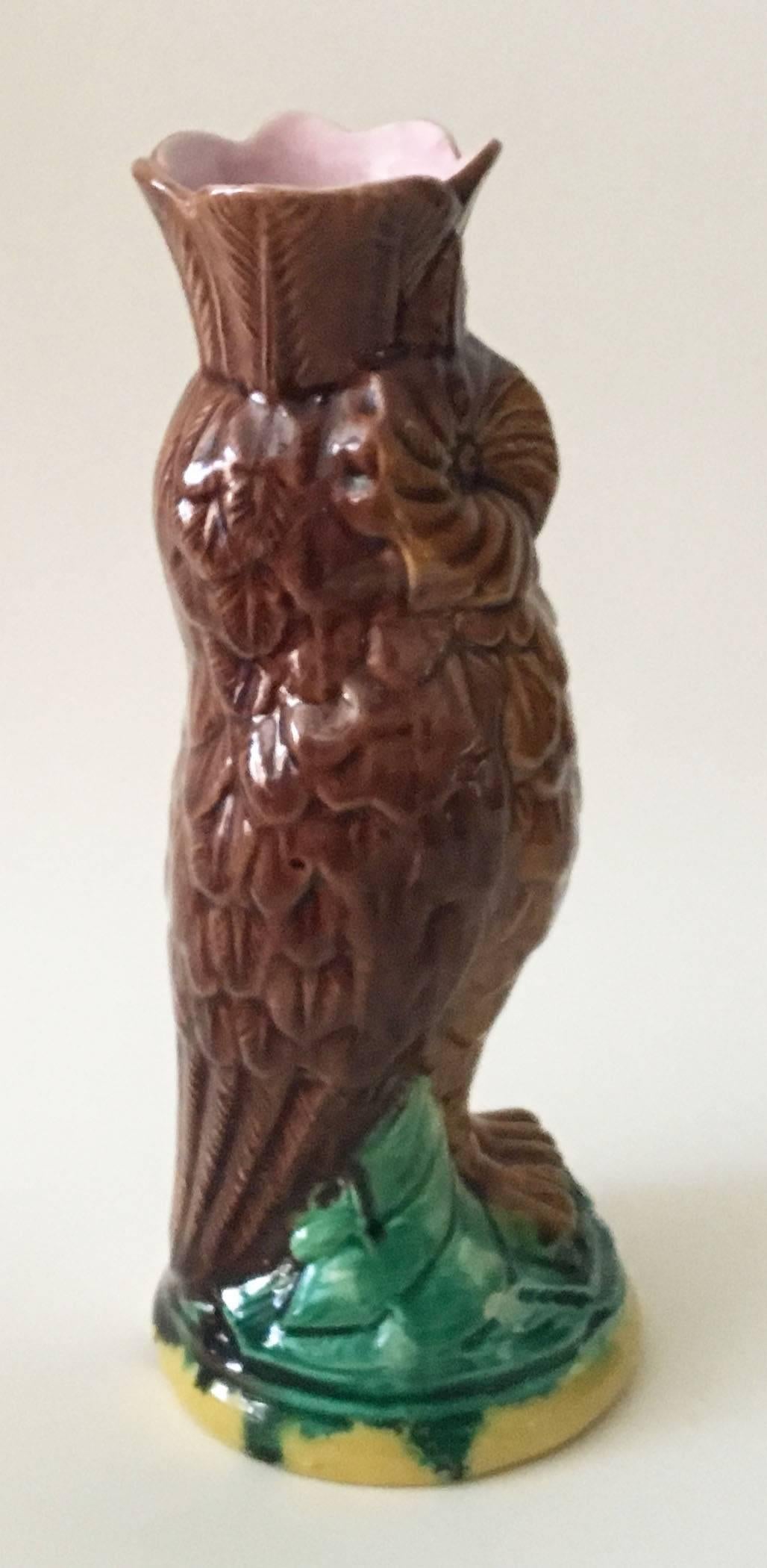 Unusual English Majolica brown owl vase, circa 1880.