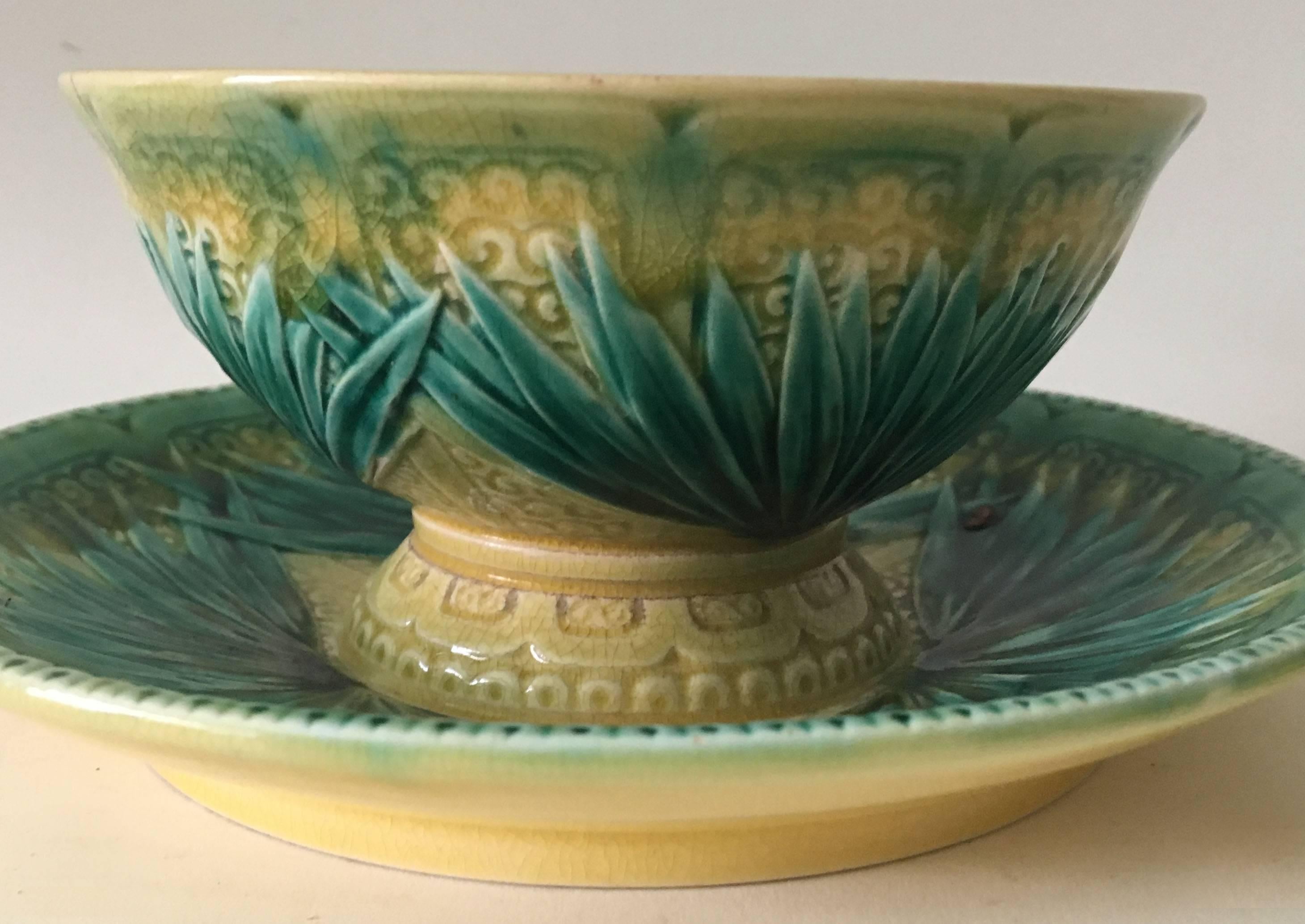 19th Century Majolica Palm Sugar Bowl Sarreguemines In Good Condition For Sale In Austin, TX