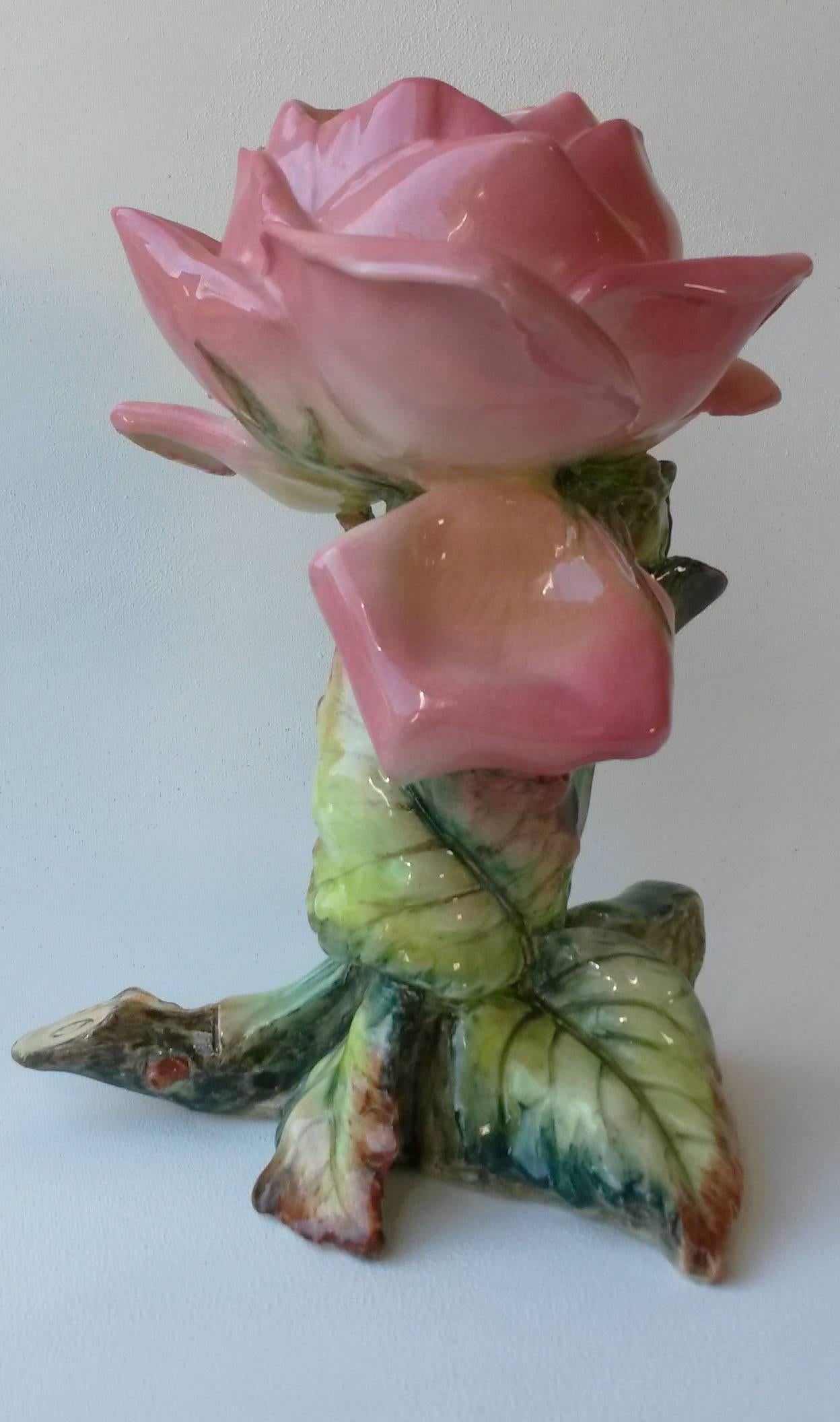 Spectacular Majolica rose vase signed Delphin Massier, circa 1890.
The Massier family are known for the quality of their unique enamels and paintings. They produced an incredible whole range of flowers like iris, roses, daisies, wild roses,