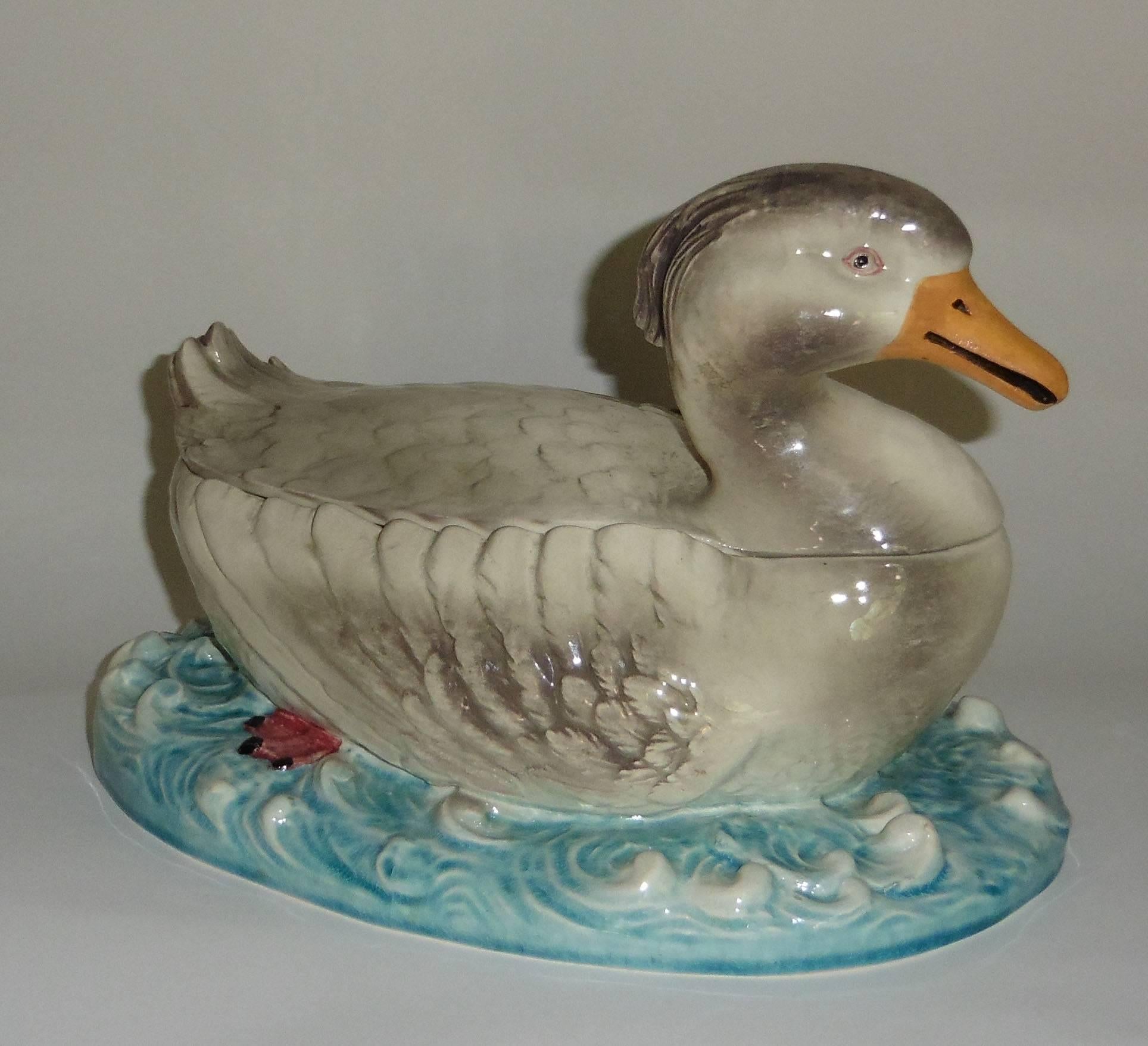Rustic Majolica Duck Tureen Sarreguemines, circa 1880 For Sale