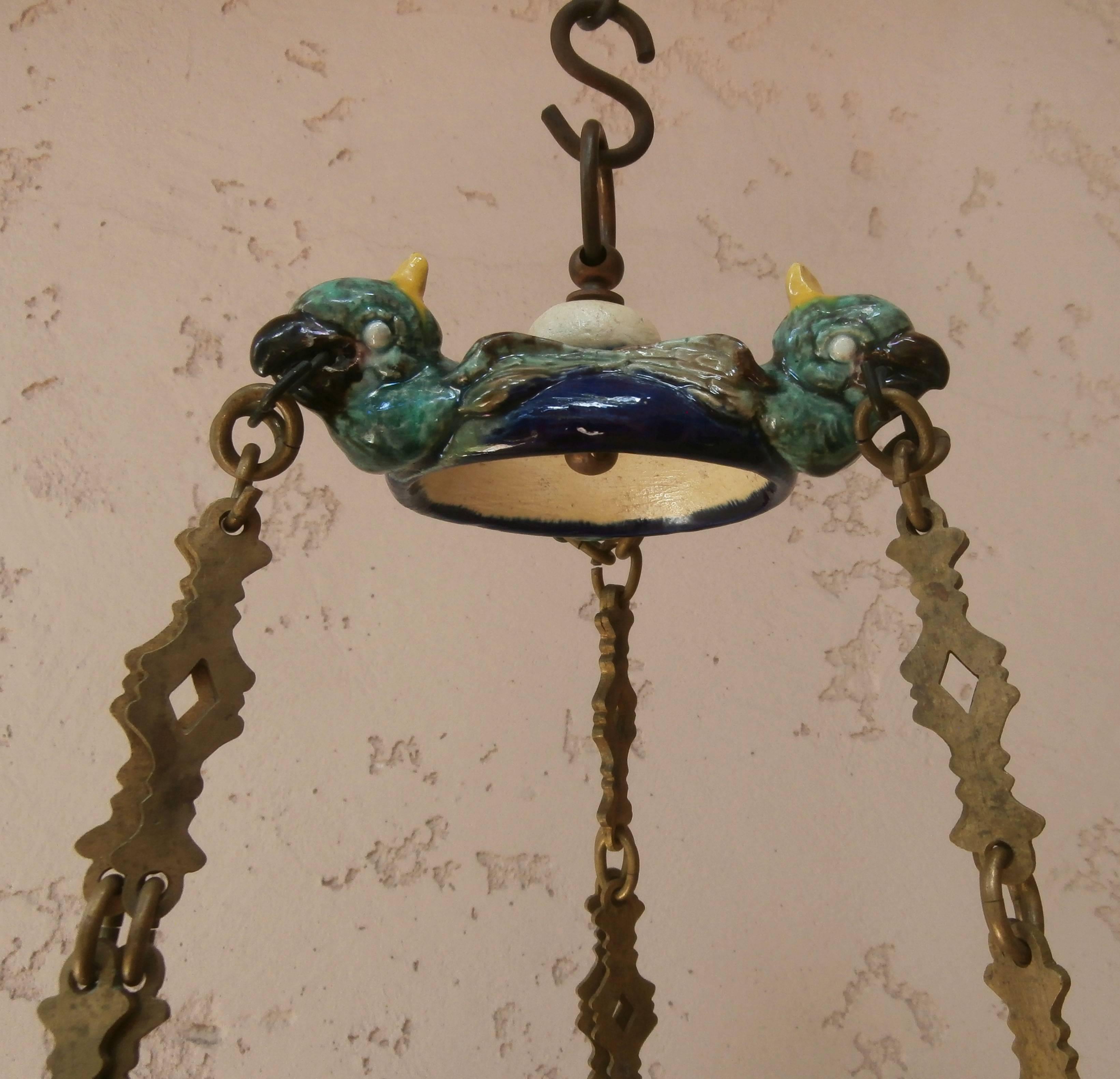 French 19th Century Majolica Parrot Hanging Jardinière