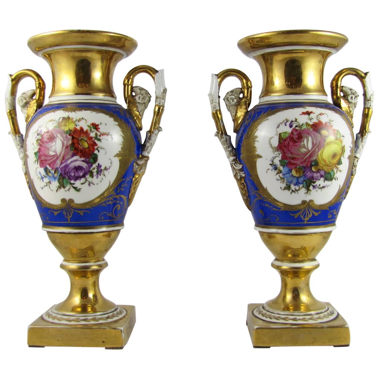 19th Century Pair of Parisian Empire Vases in Gilded and Polychrome Porcelain