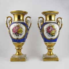 19th Century Pair of Parisian Empire Vases in Gilded and Polychrome Porcelain
