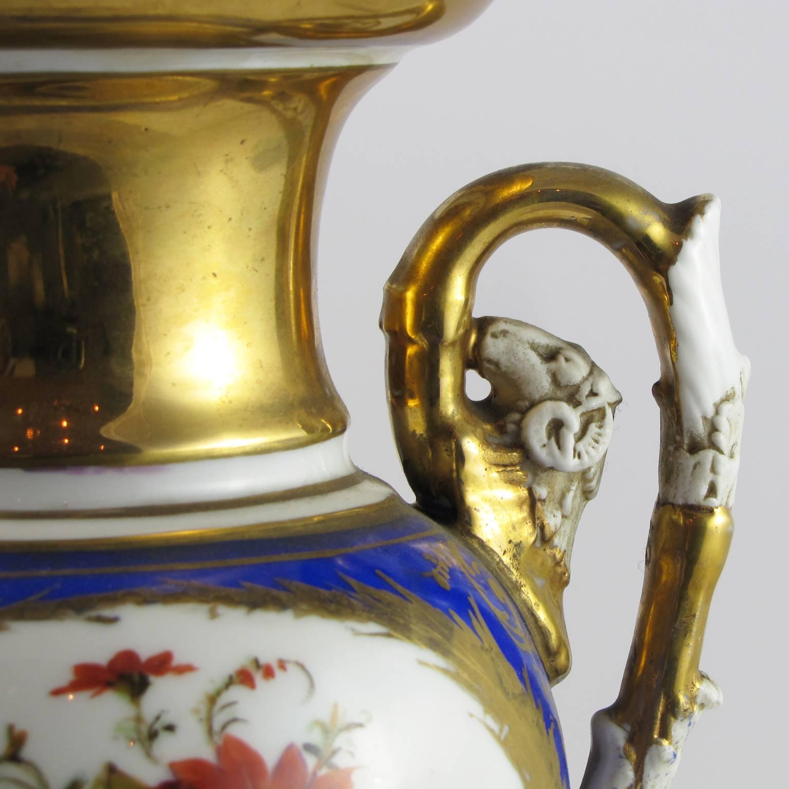 Gilt 19th Century Pair of Parisian Empire Vases in Gilded and Polychrome Porcelain